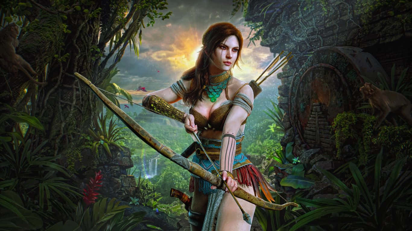 Lara Croft 桌布 壁紙 — 一位兇猛的弓箭手女子站在茂密的叢林中，手持弓箭，背景有古代遺跡和猴子。