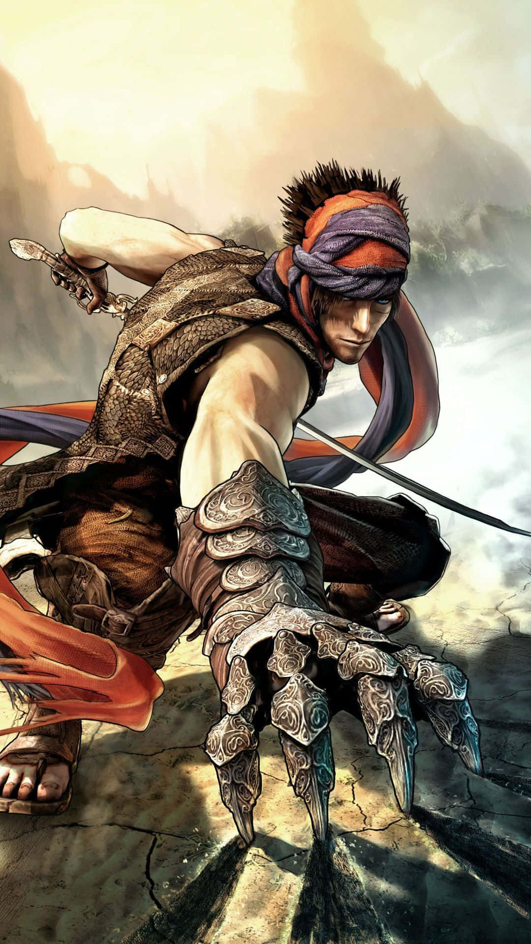 Mobile Gaming 桌布 壁紙 — 一位兇猛的戰士，戴著華麗的護手，在霧氣繚繞的山景背景下，以動態的動漫藝術向前衝刺。