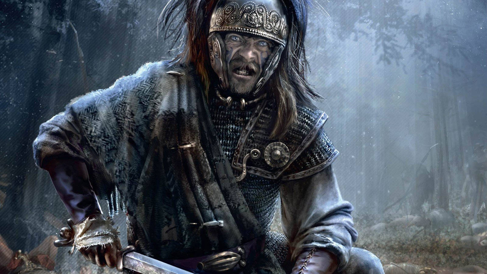 Total War 桌布 壁紙 — 一位兇猛的戰士，戴著華麗的頭盔和鎖子甲，在迷霧森林中緊握一把劍，眼中燃燒著憤怒。