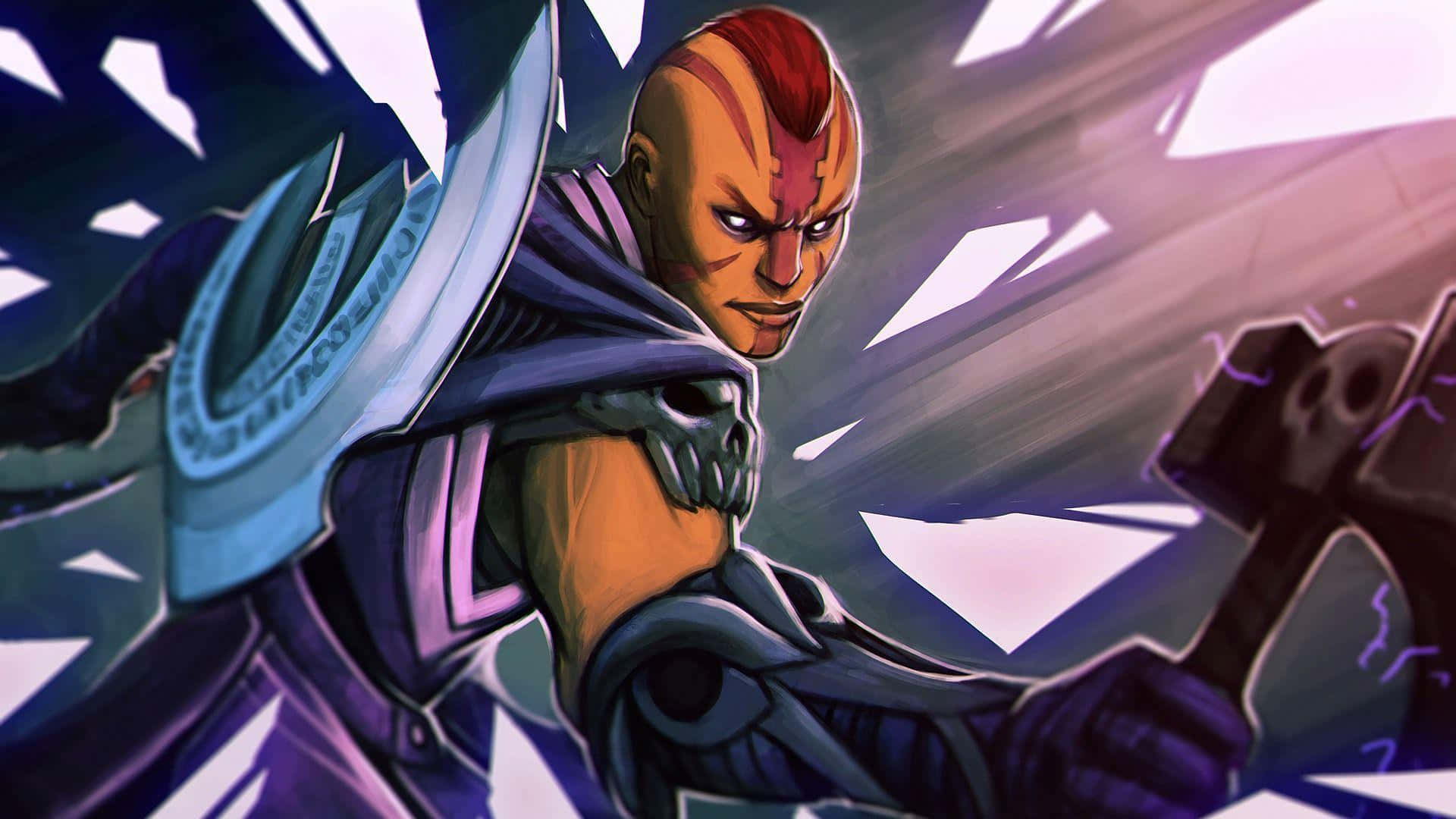 Anti-mage 桌布 壁紙 — 一位兇猛的戰士，留著紅色莫西乾頭，身穿骷髏盔甲，在破碎的玻璃碎片中揮舞著一把發光的劍。
