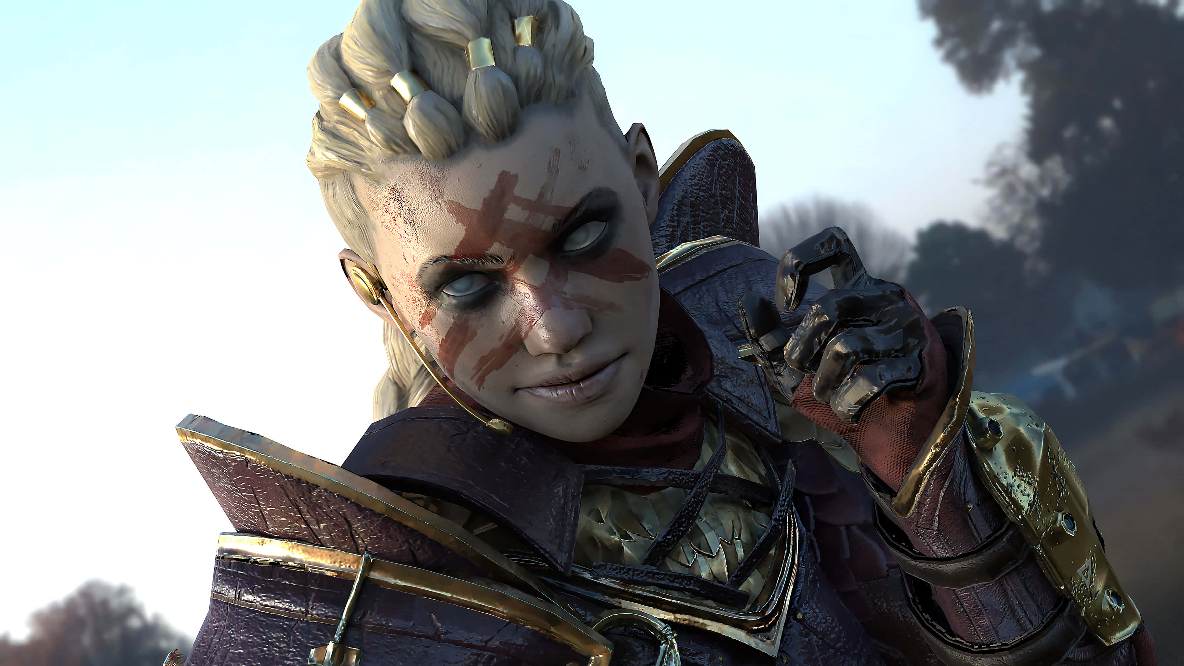 Apex Legends Characters 桌布 壁紙 — 一位兇猛的戰士，編織金髮，紅色臉部彩繪，在明亮的天空下，身著華麗的暗色盔甲，緊握武器。