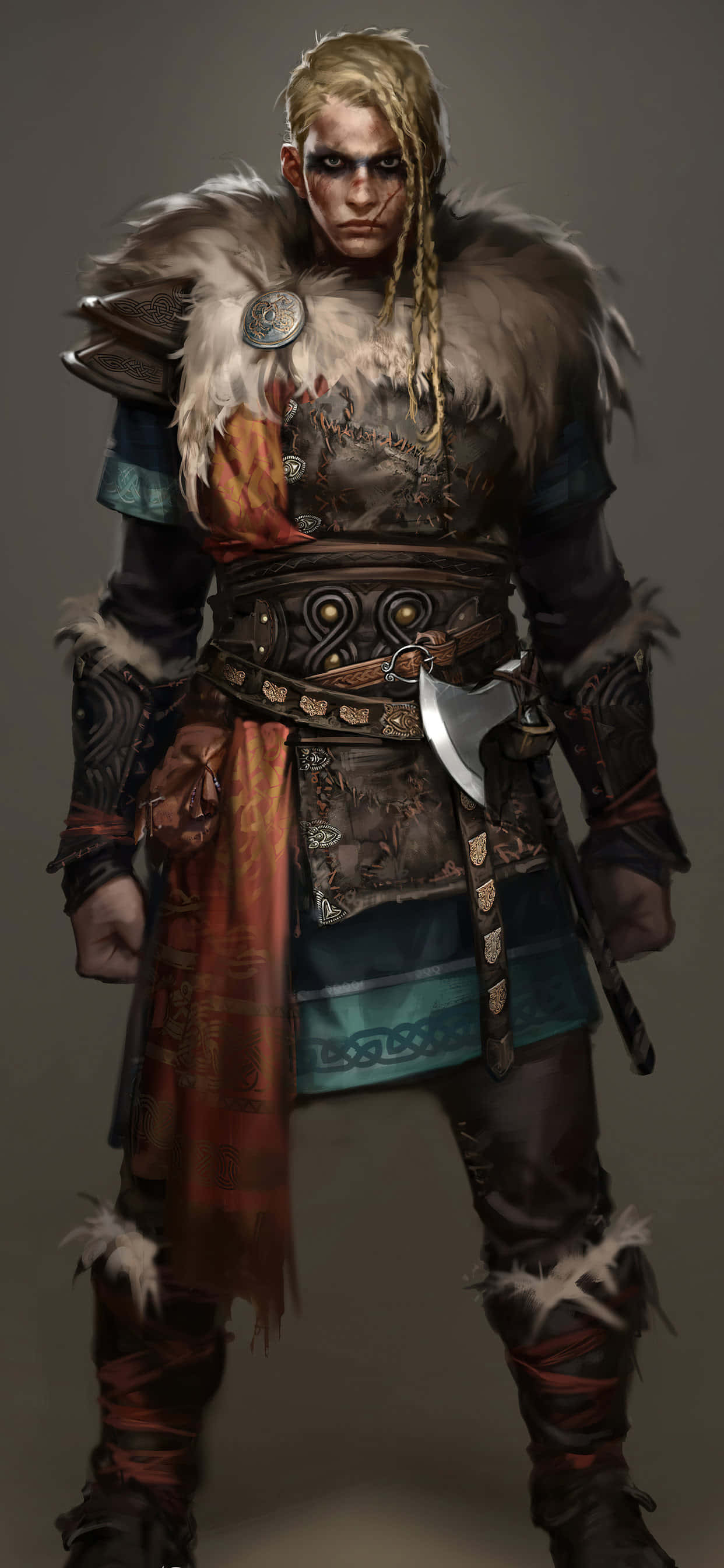 電玩遊戲 桌布 壁紙 — 一位兇猛的戰士，編著金色辮子，身穿毛皮襯裡的盔甲，手持斧頭，站在中性灰色背景前。