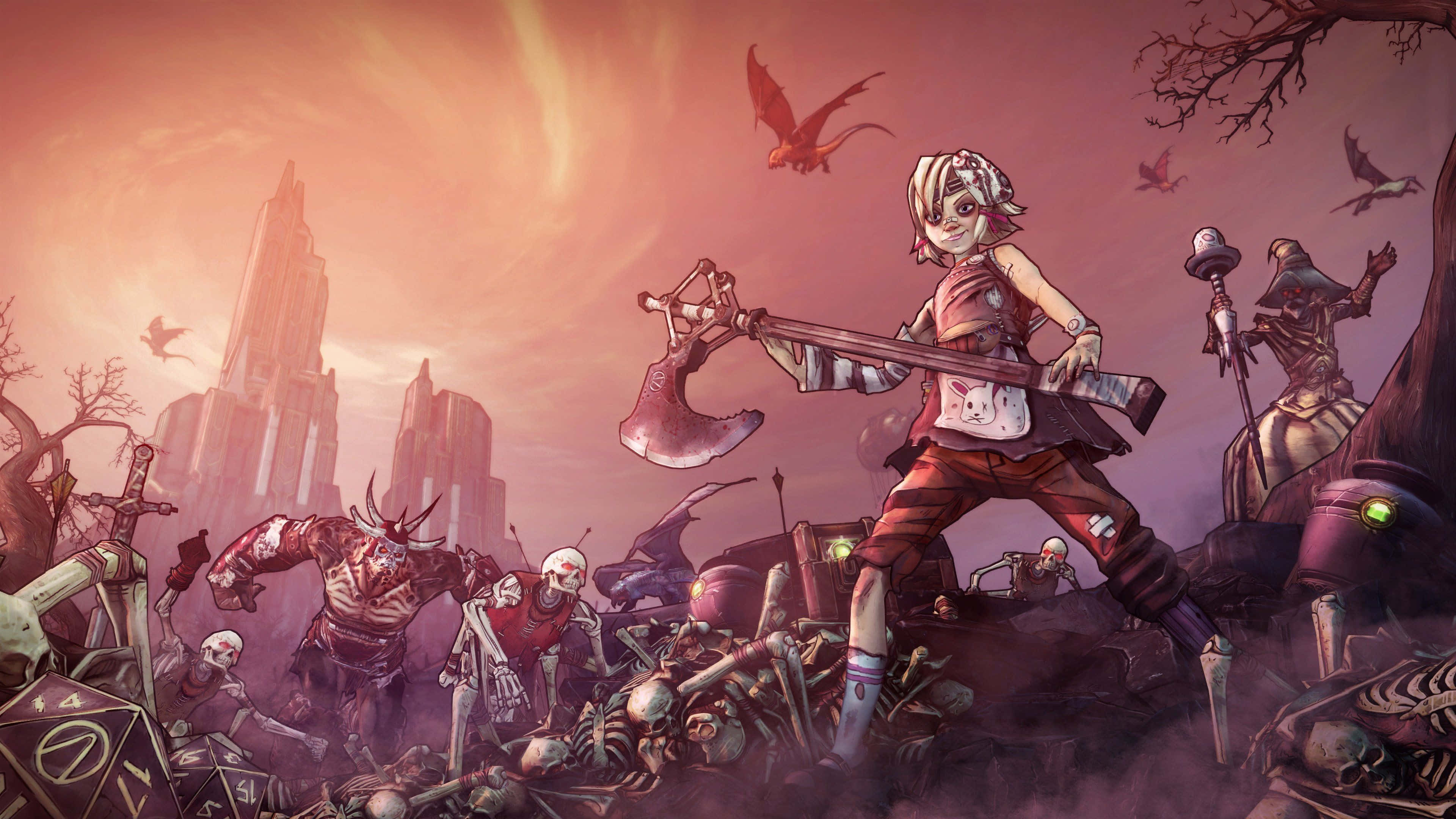 Borderlands 3 桌布 壁紙 — 一位兇猛的戰士在烈火夕陽的天空下，於滿是骷髏和怪物的戰場上揮舞著巨斧。