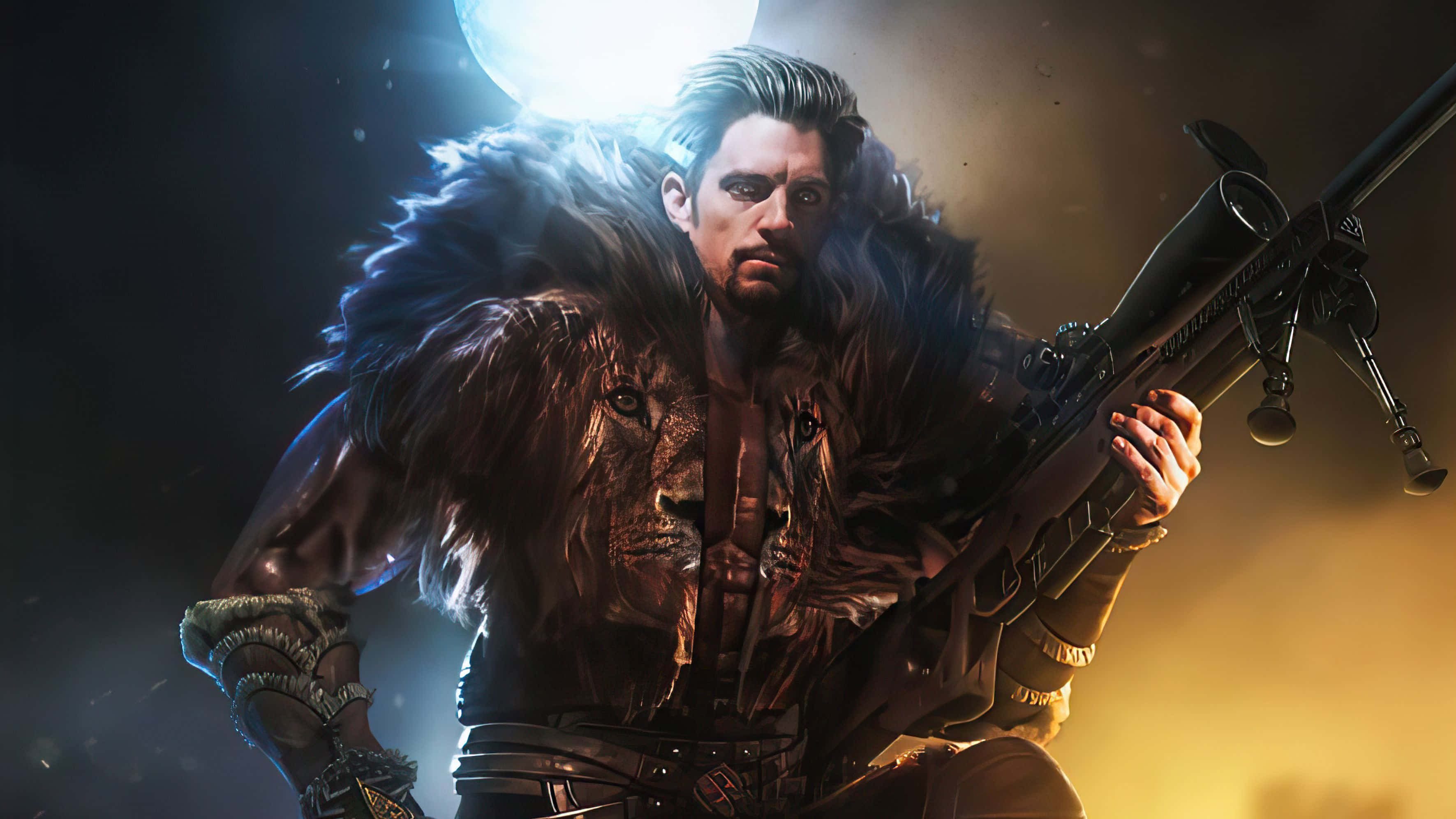 Kraven The Hunter 桌布 壁紙 — 一位兇猛的戰士穿著獅頭毛皮大衣，在發光的月亮下拿著狙擊步槍，構成戲劇性的夜景。