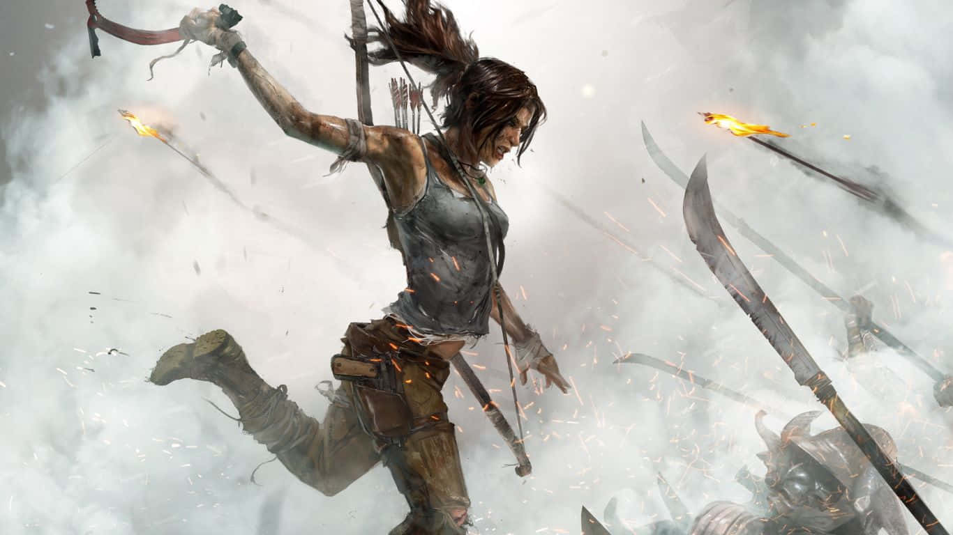 Lara Croft 桌布 壁紙 — 一位兇猛的戰士穿過煙霧跳躍，揮舞著火焰武器，劍和箭在混亂的戰鬥中在她周圍飛舞。
