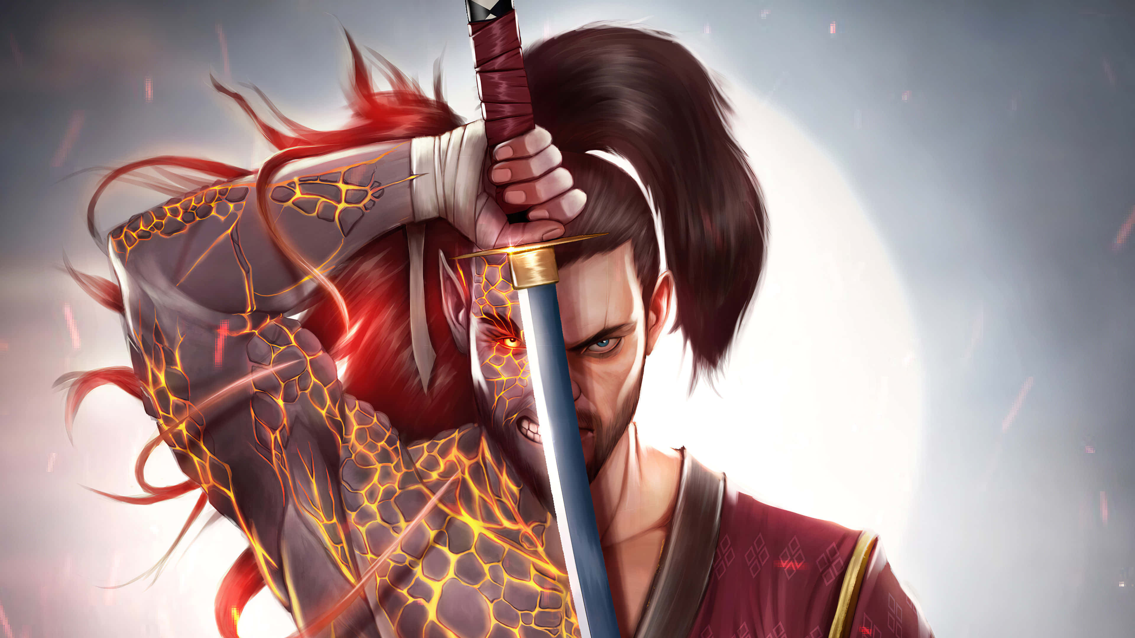 Samurai Warrior 桌布 壁紙 — 一位兇猛的武士戰士，帶有發光的紅色刺青和飄逸的頭髮，在明亮的月光下握著劍。