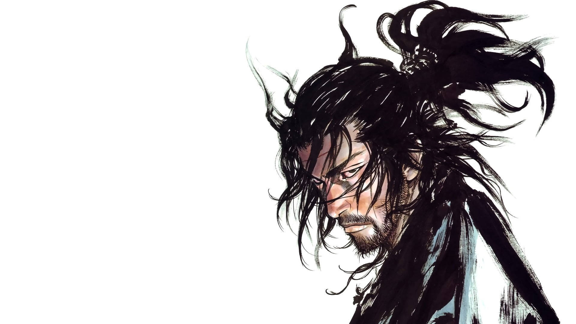 Warrior 桌布 壁紙 — 一位兇猛的武士戰士，擁有狂野的黑髮和強烈的眼神，在純白背景下向下凝視。