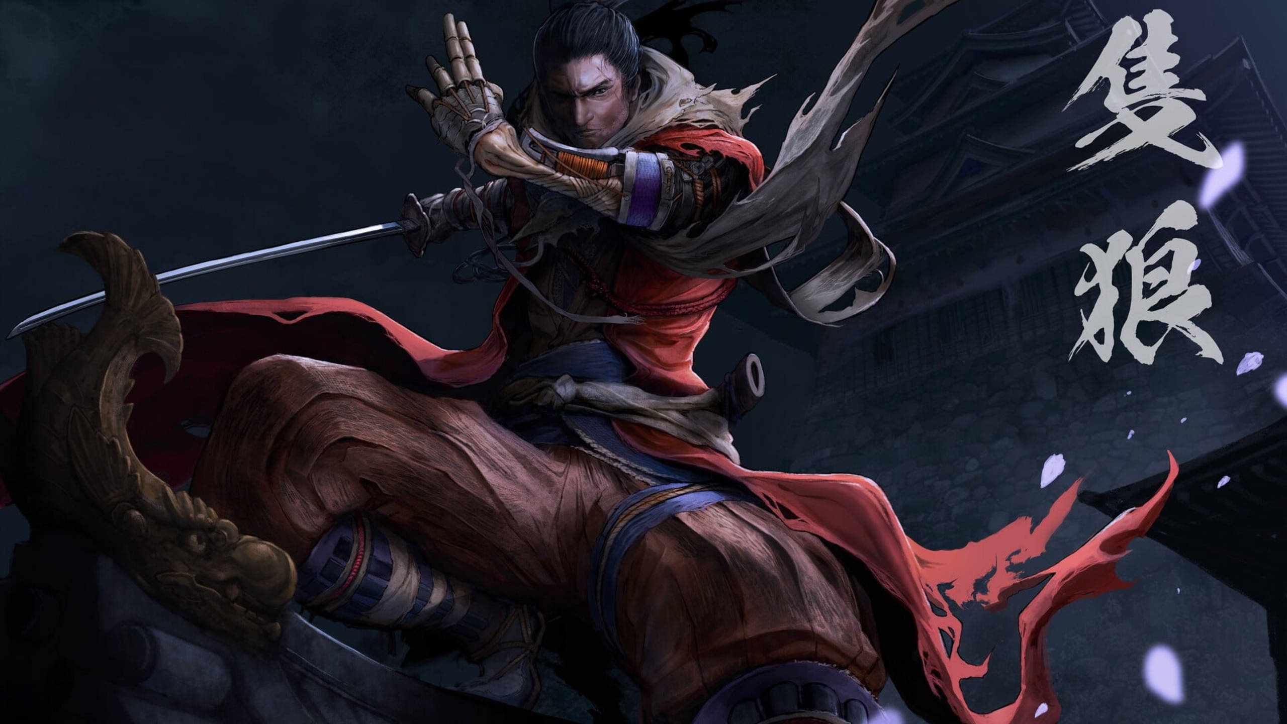Sekiro 桌布 壁紙 — 一位兇猛的武士戰士穿著紅色和棕色盔甲，在黑暗風暴背景下揮劍，背景有日文字元。