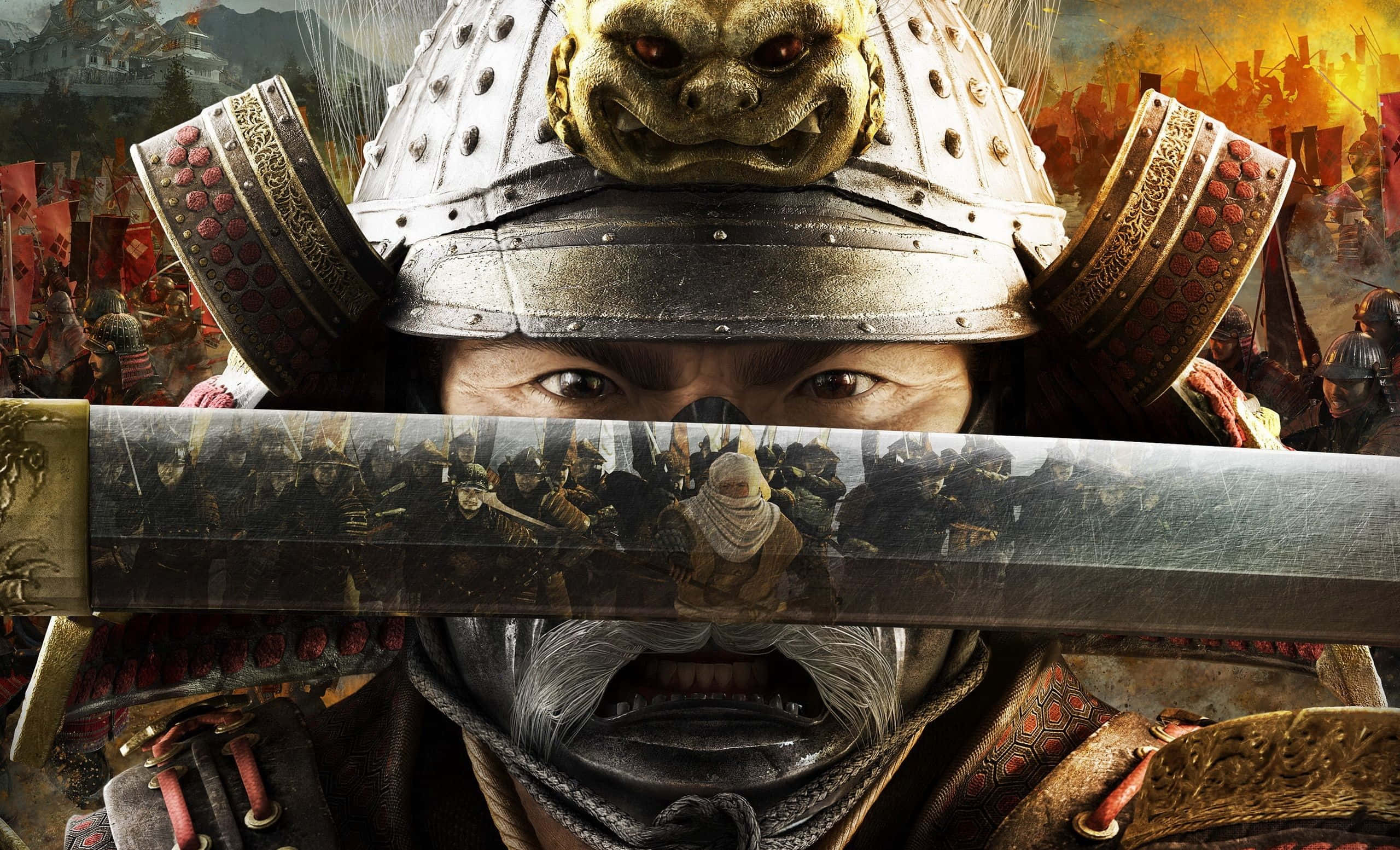 Shogun 桌布 壁紙 — 一位兇猛的武士穿著華麗盔甲，緊握武士刀，他銳利的目光穿透刀刃，身後是混亂的戰場在肆虐。