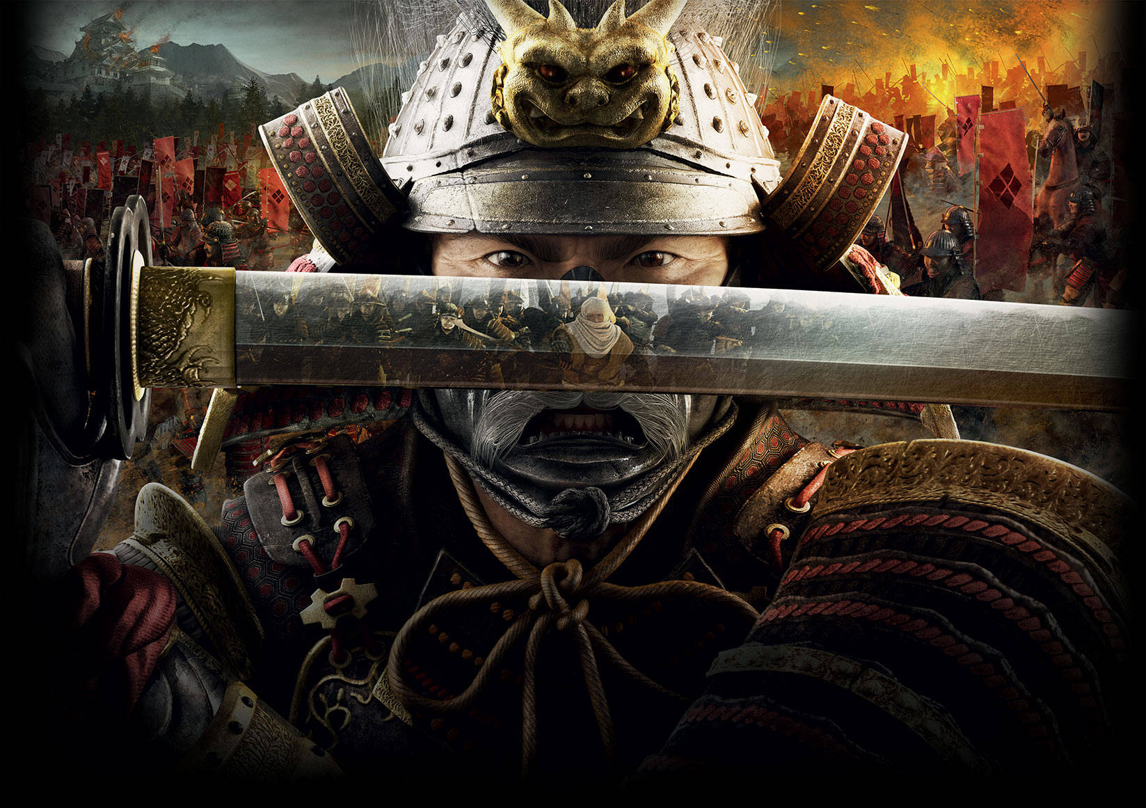 shogun 2 total war 桌布 壁紙 — 一位兇猛的武士穿著華麗盔甲，緊握著武士刀，他銳利的目光穿透刀刃，身後是烈火熊熊的戰場。