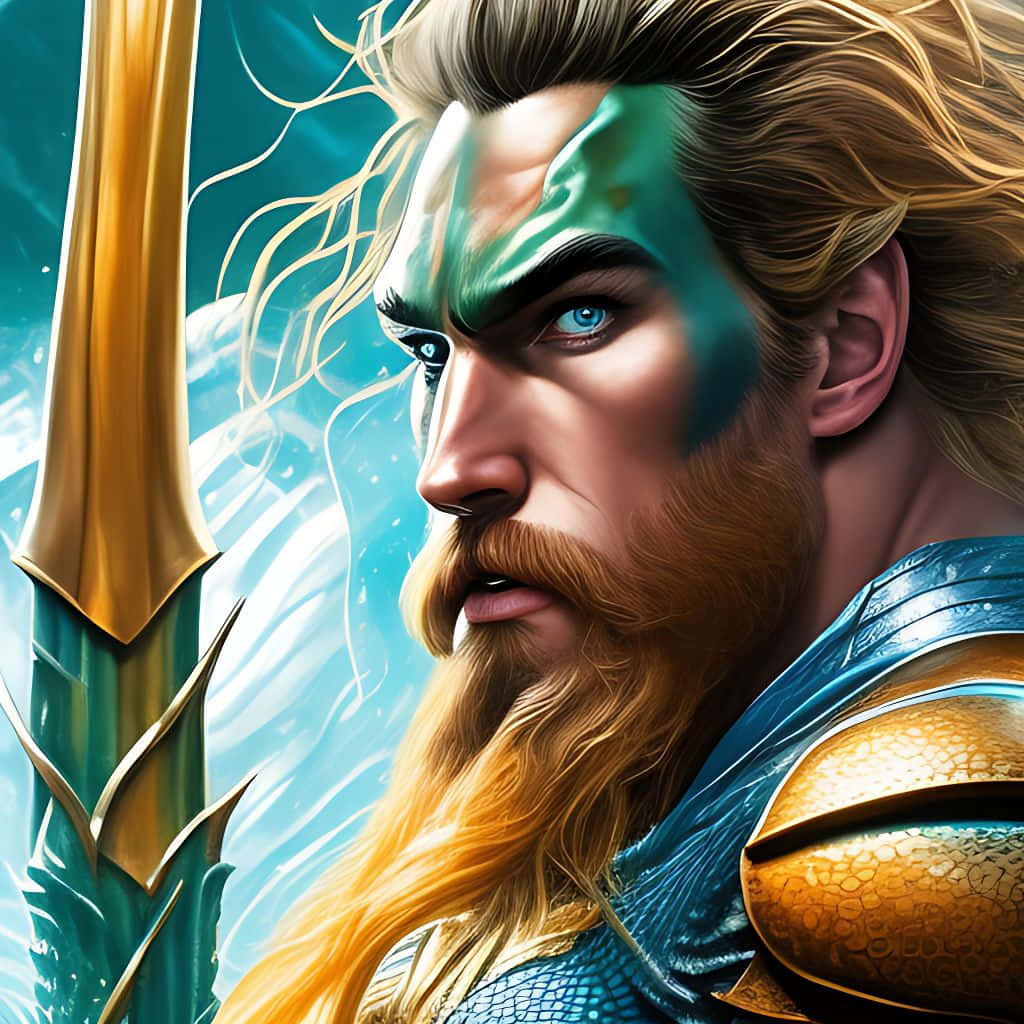 Aquaman 桌布 壁紙 — 一位兇猛的海王，金髮藍眼，在水的背景下揮舞三叉戟。