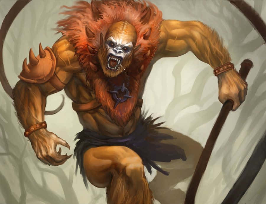 Masters Of Evil 桌布 壁紙 — 一位兇猛的獅頭戰士，擁有橙色鬃毛和尖刺盔甲，揮舞著法杖咆哮。