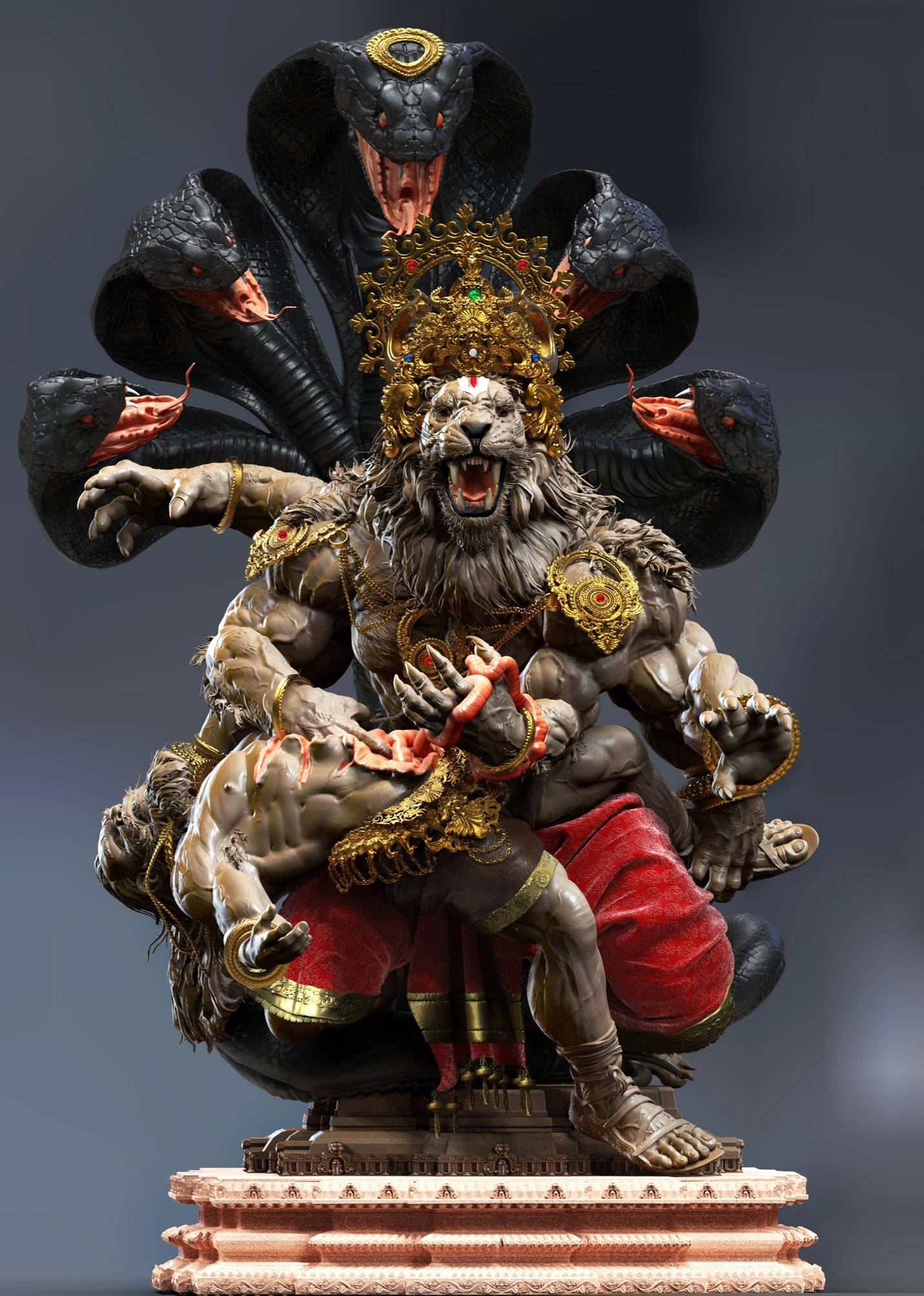 獅子 桌布 壁紙 — 一位兇猛的獅頭神祇，頭戴金色皇冠，身穿紅色腰布，腳下踩著一個惡魔，周圍環繞著七條黑眼鏡蛇，牠們的眼睛發出紅光。