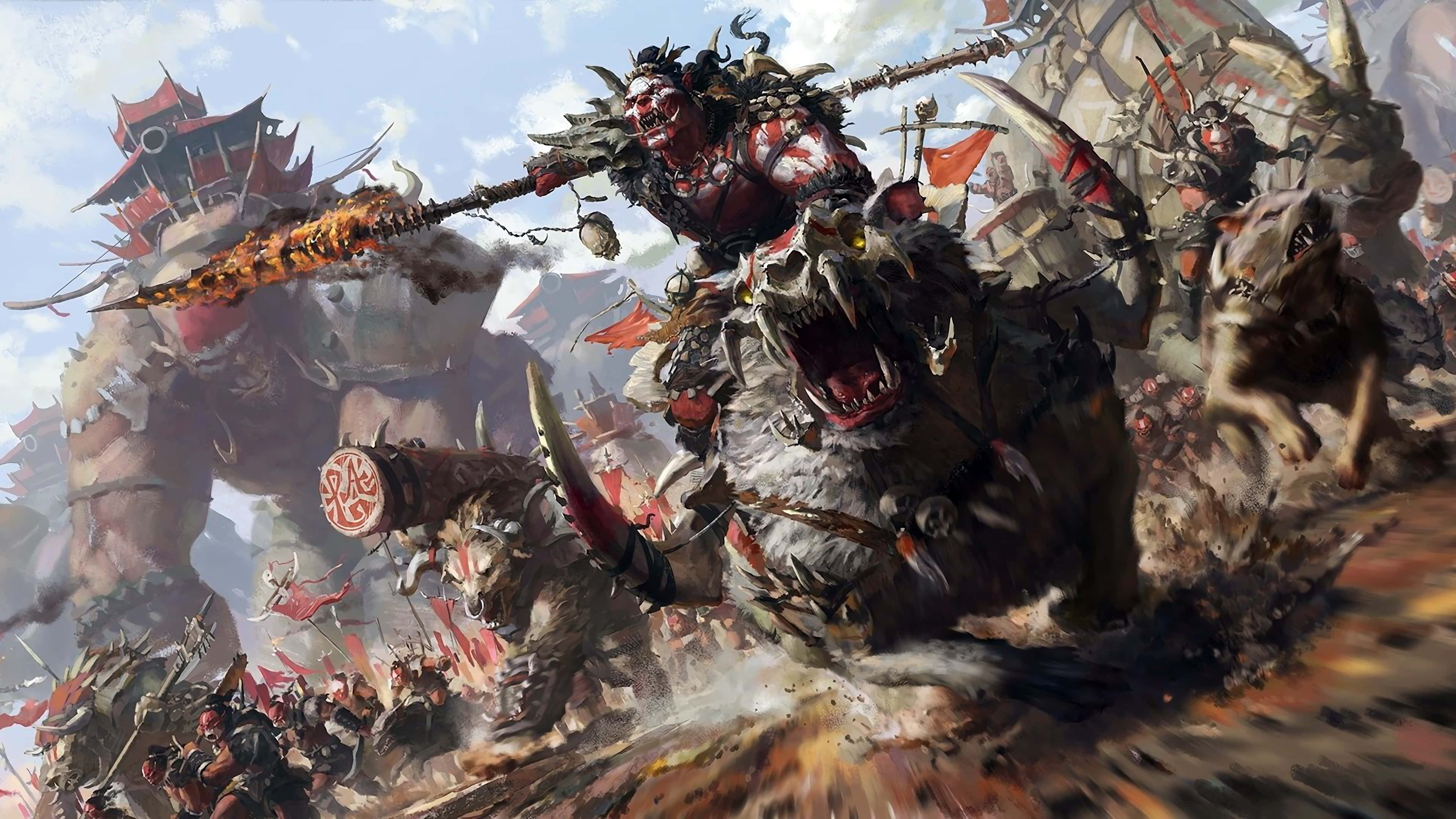 狼 桌布 壁紙 — 一位兇猛的獸人 warlord 騎著一頭巨大的野豬，穿過混亂的戰場，手持火焰武器，伴隨著尖叫的戰士。