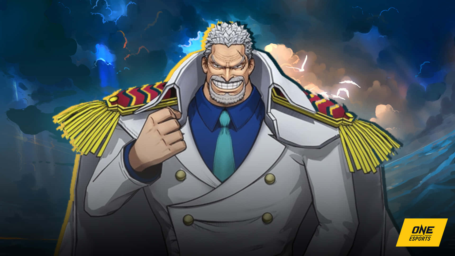 Marine Admiral 桌布 壁紙 — 一位兇猛的白髮動漫船長，咧嘴大笑，站在波濤洶湧的大海中，身穿細節豐富的白色外套，配有金色肩章。