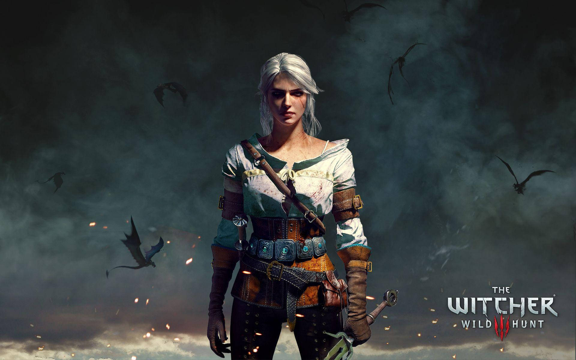 The Witcher 3 桌布 壁紙 — 一位兇猛的白髮女巫站在暴風雨的天空中，蝙蝠在她周圍飛翔，火花從她的武器中飛出。