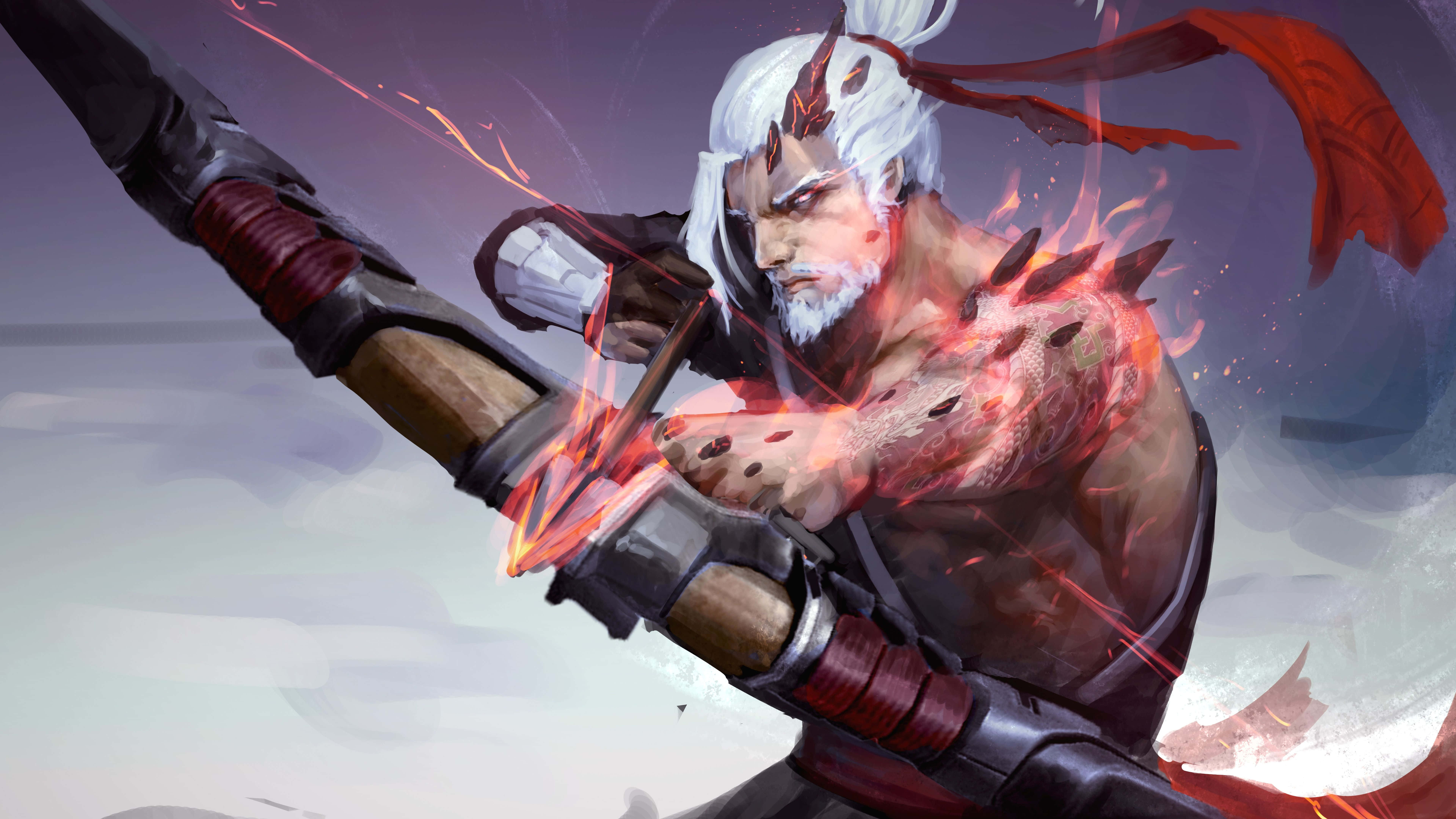 Overwatch Hanzo 桌布 壁紙 — 一位兇猛的白髮戰士，帶著發光的紅色能量箭，在暴風雨的天空下拉開他的弓。
