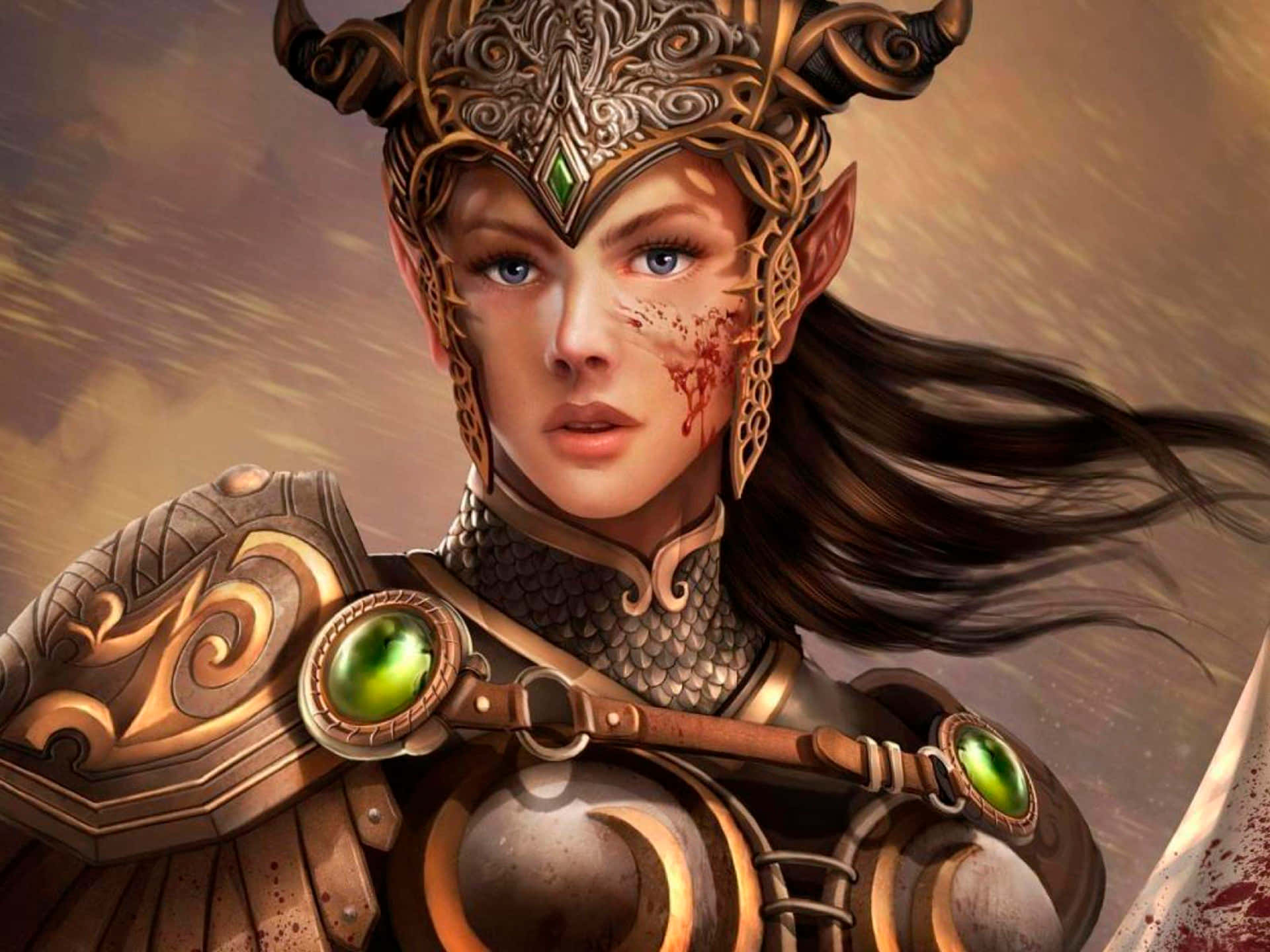 Warrior 桌布 壁紙 — 一位兇猛的精靈女戰士，身穿華麗的金色盔甲，鑲有綠色寶石，臉上帶有血跡，用堅定的藍色眼睛凝視前方。