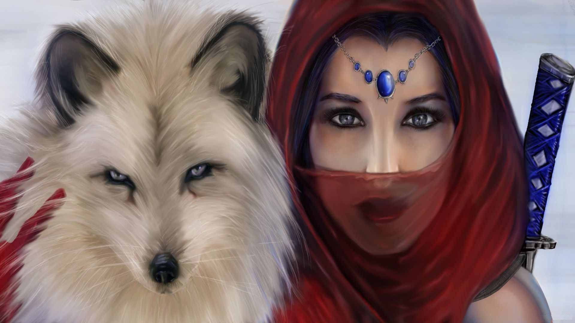 Wolf Girl 桌布 壁紙 — 一位兇猛的紅色兜帽戰士，戴著藍色寶石頭飾，站在一隻毛茸茸的白狐旁邊，兩者都用銳利的眼神凝視前方。
