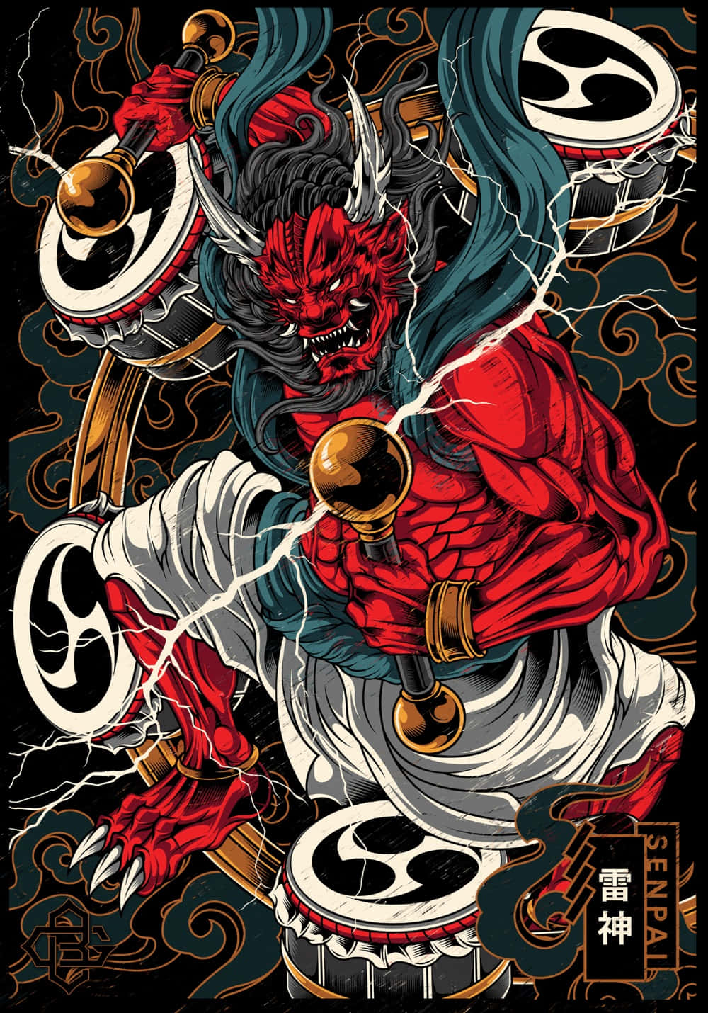 Raijin 桌布 壁紙 — 一位兇猛的紅色日本雷神，長有角和爪，在旋轉的雲層和鼓聲中揮舞閃電。