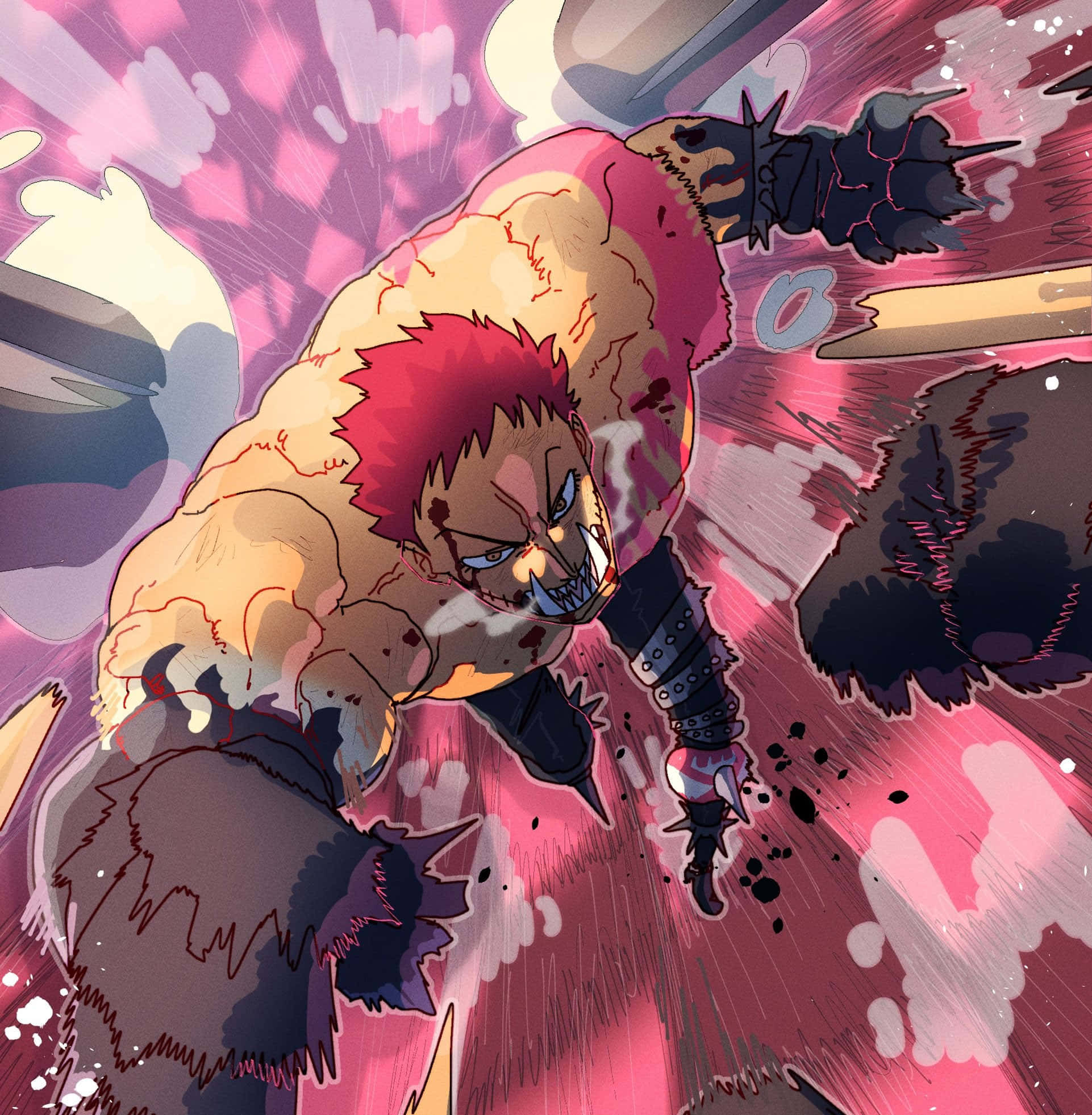 Charlotte Katakuri 桌布 壁紙 — 一位兇猛的紅髮動漫戰士，身穿尖刺盔甲，在充滿活力的粉紅色和紫色爆炸背景前，以動態的戰鬥姿勢向前猛衝。