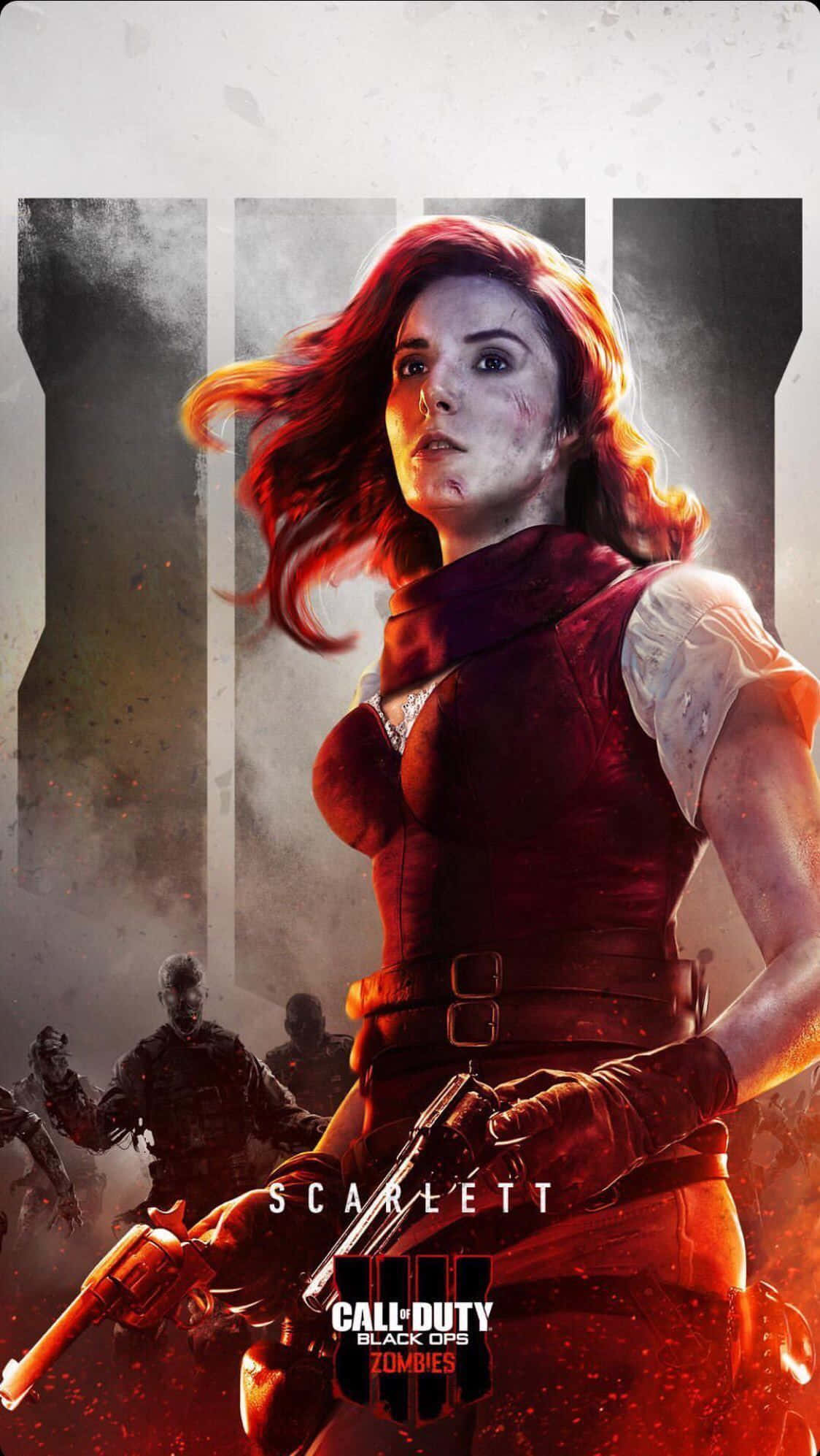 Best Call Of Duty Black Ops 4 桌布 壁紙 — 一位兇猛的紅髮女子穿著紅色背心，在充滿煙霧的粗糙背景下手持手槍，身後有殭屍身影隱現。