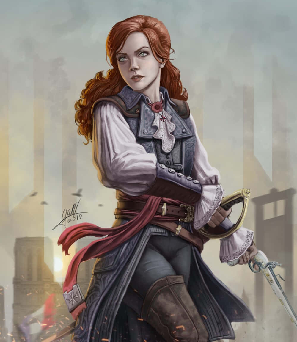élise De La Serre 桌布 壁紙 — 一位兇猛的紅髮女海盜，身穿細節豐富的時代服裝，在煙霧瀰漫的戰場上手持劍，背景有遠處的塔樓。