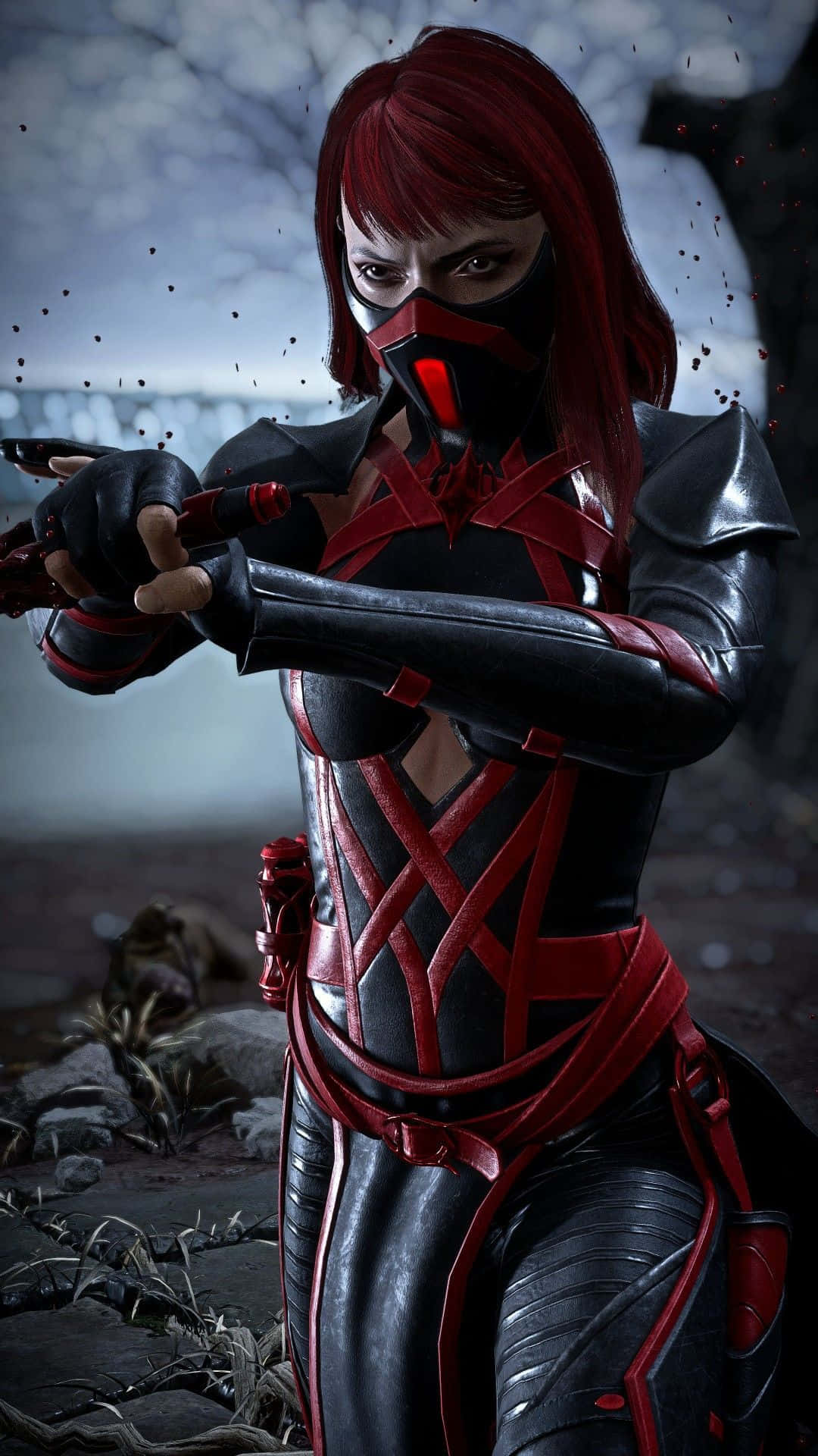 Mortal Kombat Characters 桌布 壁紙 — 一位兇猛的紅髮戰士身穿黑紅盔甲，在陰暗、佈滿碎片的戰場上專注地揮舞著利刃。