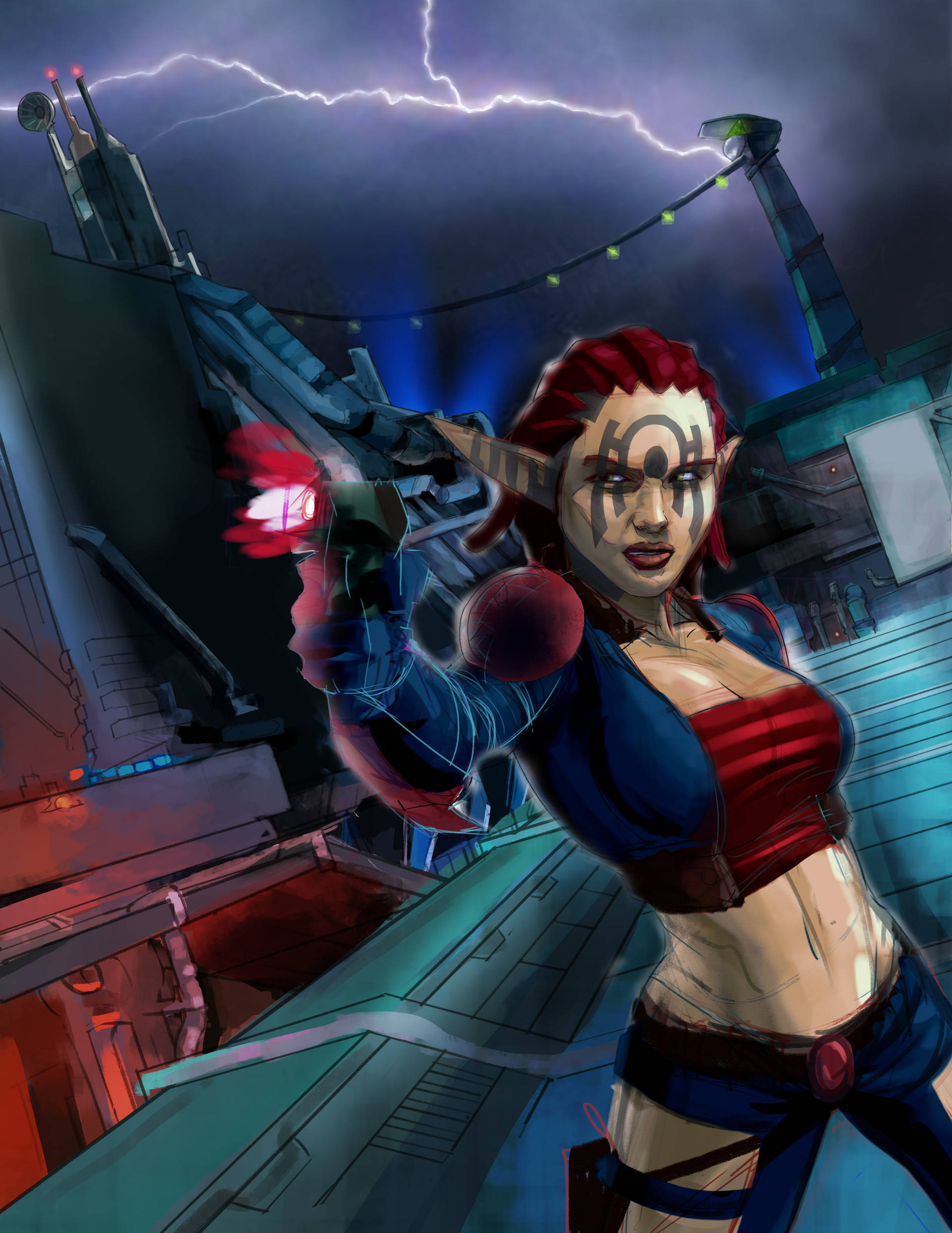 Jak 3 桌布 壁紙 — 一位兇猛的紅髮精靈戰士在暴風雨的天空下，在未來主義的屋頂上發射發光的武器。