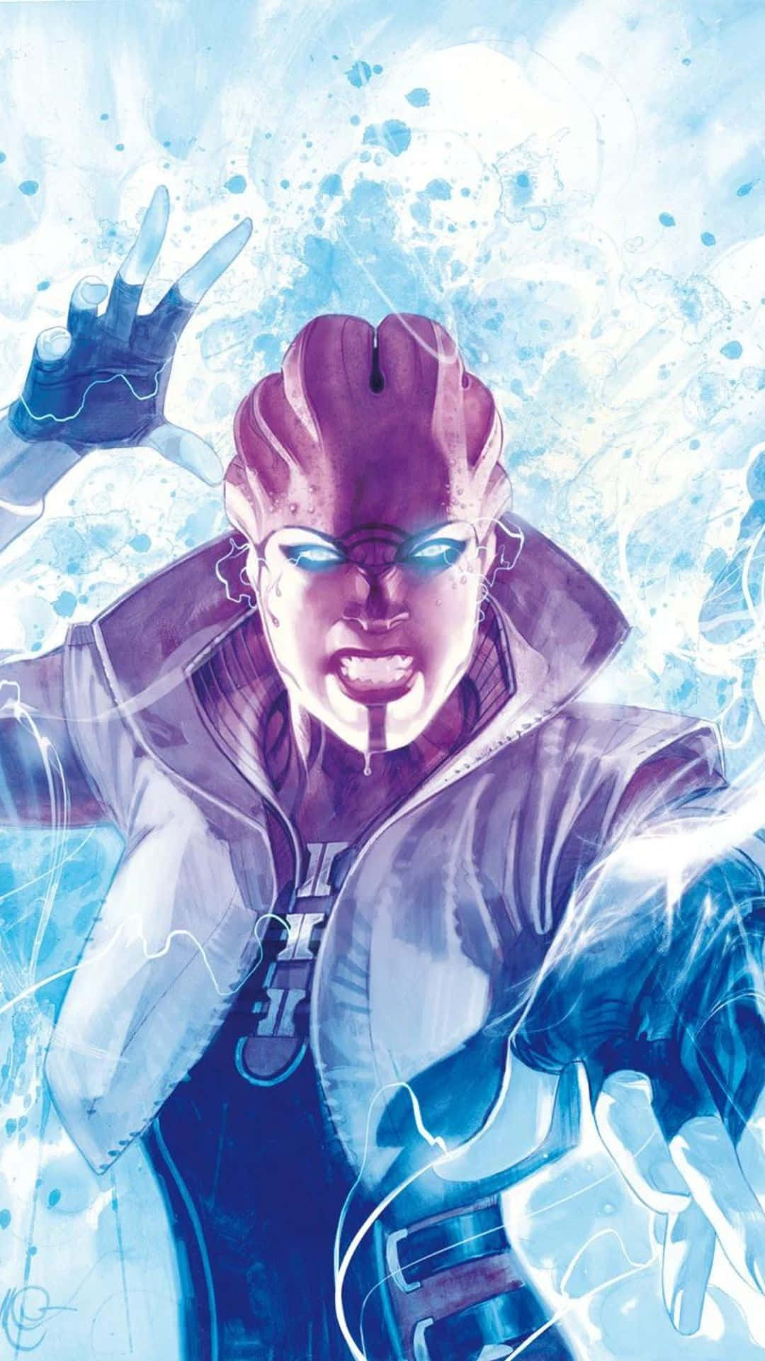 Aria T'loak 桌布 壁紙 — 一位兇猛的紫色皮膚超級英雄，擁有發光的藍色眼睛和周圍的冰能量爆發，呈現動態漫畫書插圖。