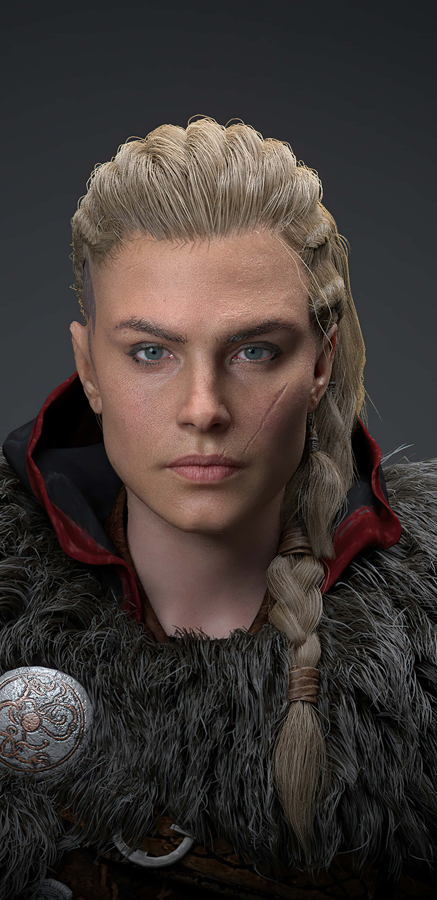 Pixel 3xl Assassin's Creed Valhalla 桌布 壁紙 — 一位兇猛的維京女戰士，編著金色辮子，披著毛皮襯裏斗篷，在黑暗背景下凝視前方。