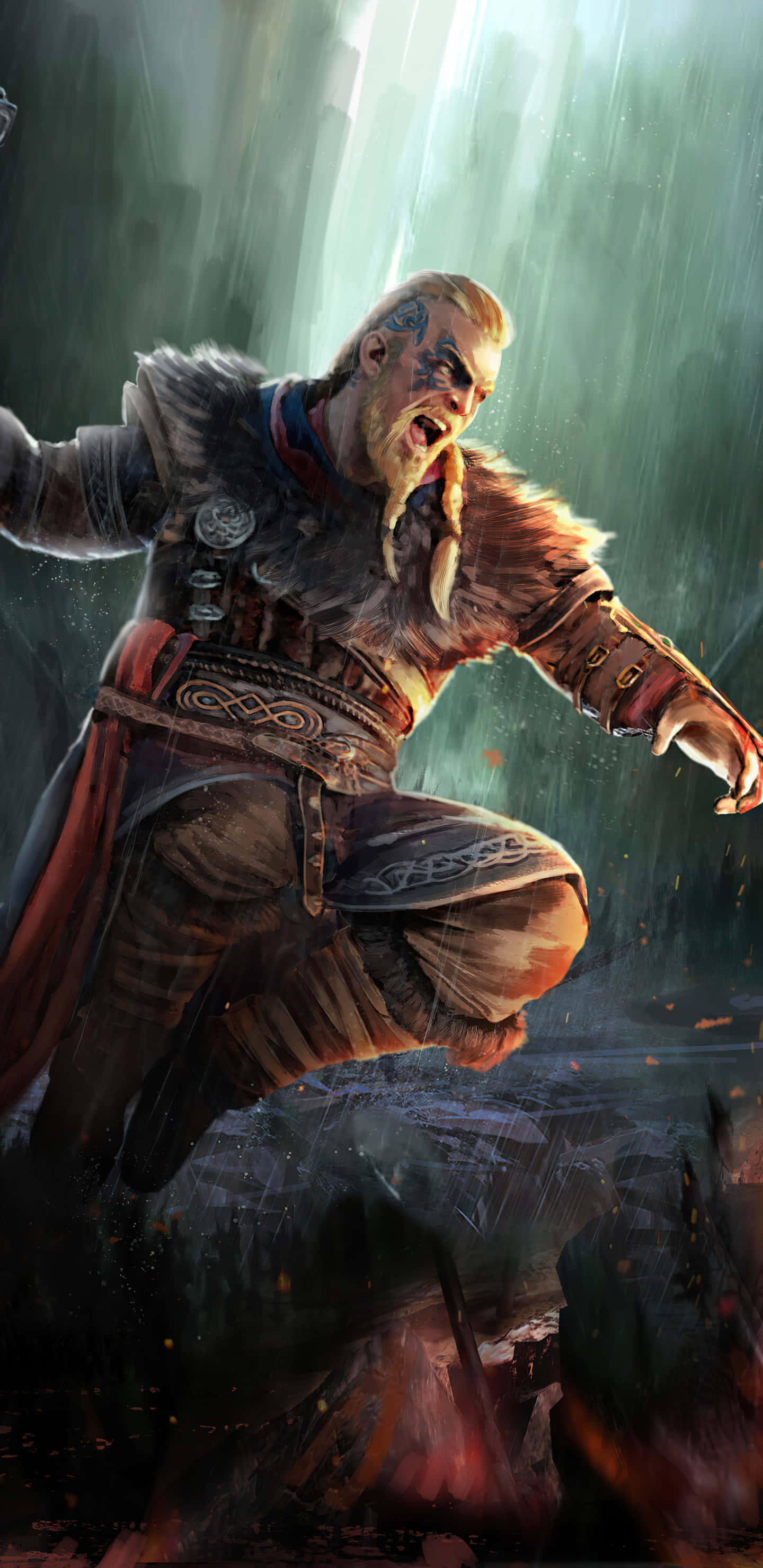 Pixel 3xl Assassin's Creed Valhalla 桌布 壁紙 — 一位兇猛的維京戰士，留著辮子鬍鬚，身穿毛皮盔甲，在暴風雨中的森林裡跳躍，綠光穿透雨幕。