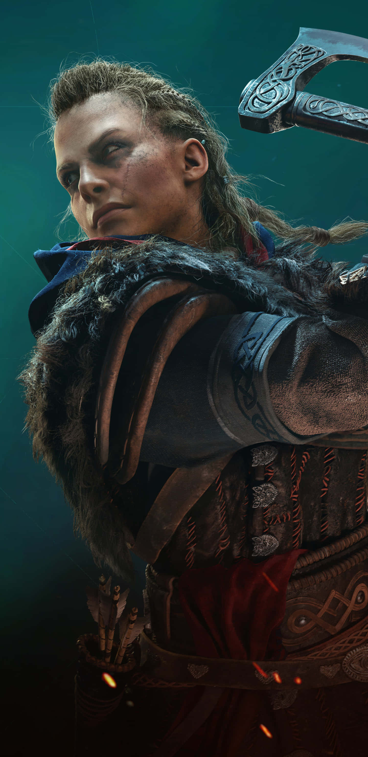 Pixel 3xl Assassin's Creed Valhalla 桌布 壁紙 — 一位兇猛的維京戰士，編著辮子，身穿華麗盔甲，在深藍綠色背景下緊握一把精緻的斧頭，眼神凌厲。