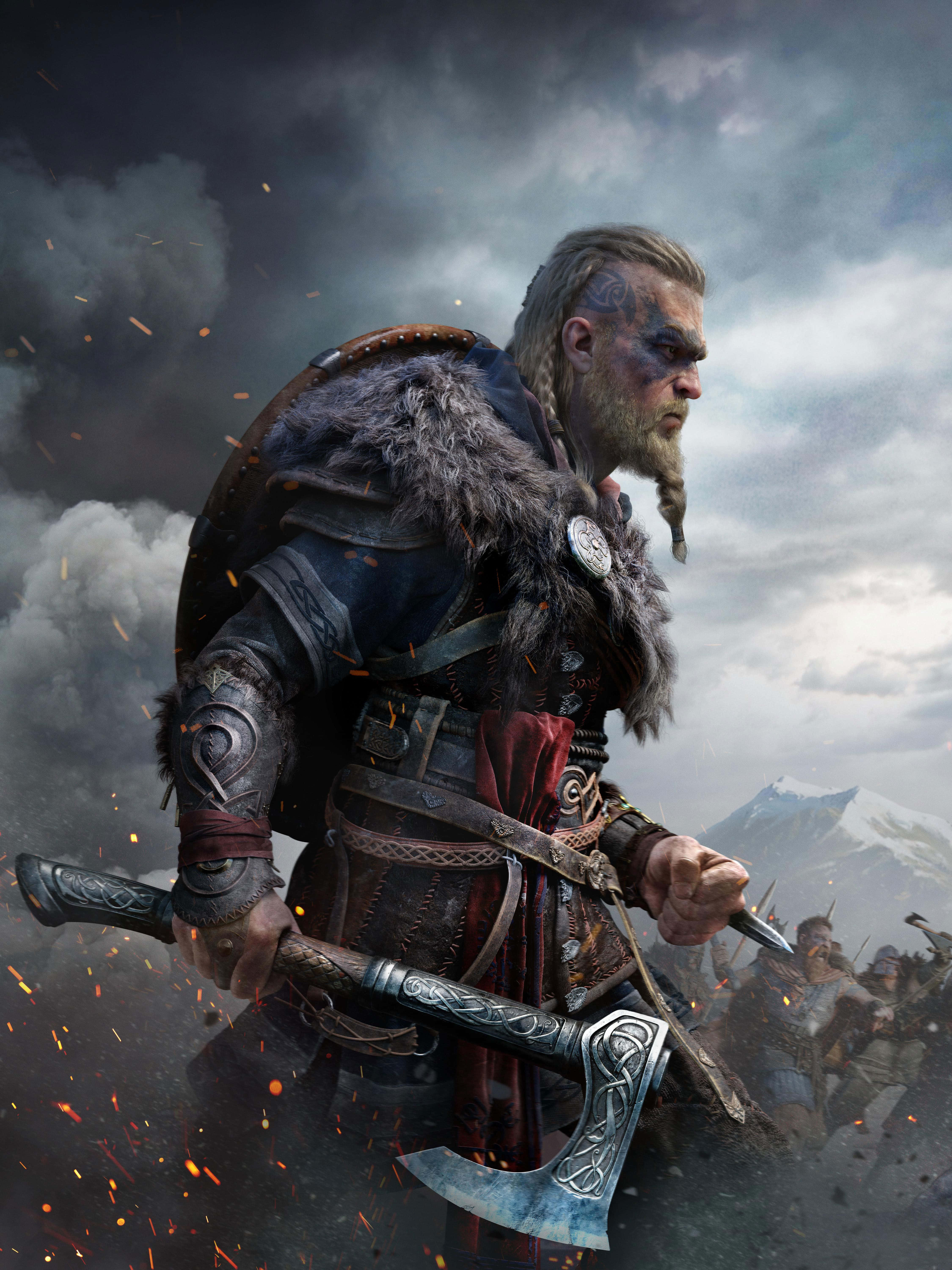 Assassin's Creed Valhalla 桌布 壁紙 — 一位兇猛的維京戰士，編著辮子，身穿毛皮襯裡的盔甲，在飛濺的火花和暴風雨般的戰場中緊握著一把華麗的斧頭。