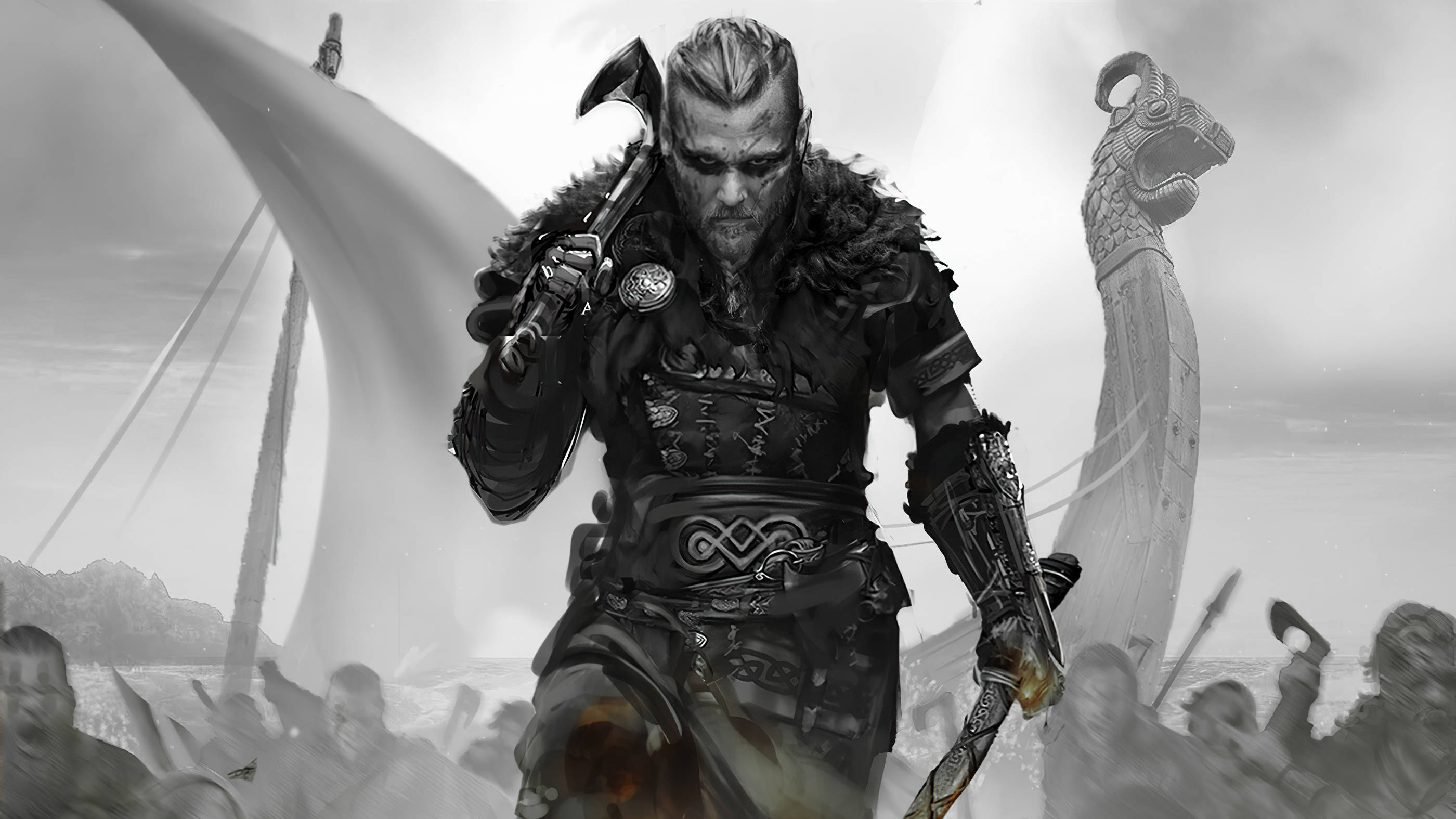Valhalla 桌布 壁紙 — 一位兇猛的維京戰士手持斧頭和劍，在單色調的長船和戰鬥混亂背景下向前邁進。