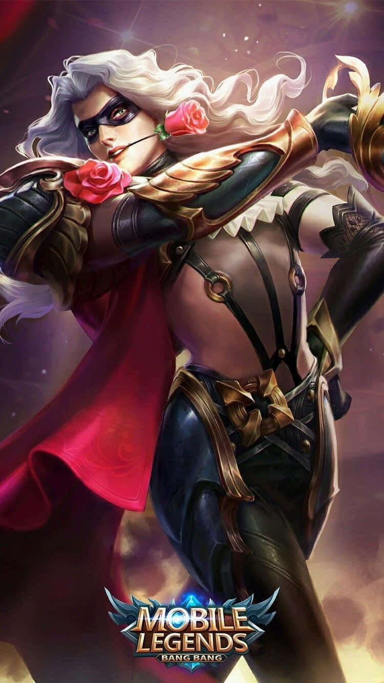 Mobile Legends 動態圖 桌布 壁紙 — 一位兇猛的蒙面戰士，白髮上插著紅玫瑰，身著華麗盔甲，在發光的宇宙背景下動態擺姿勢。