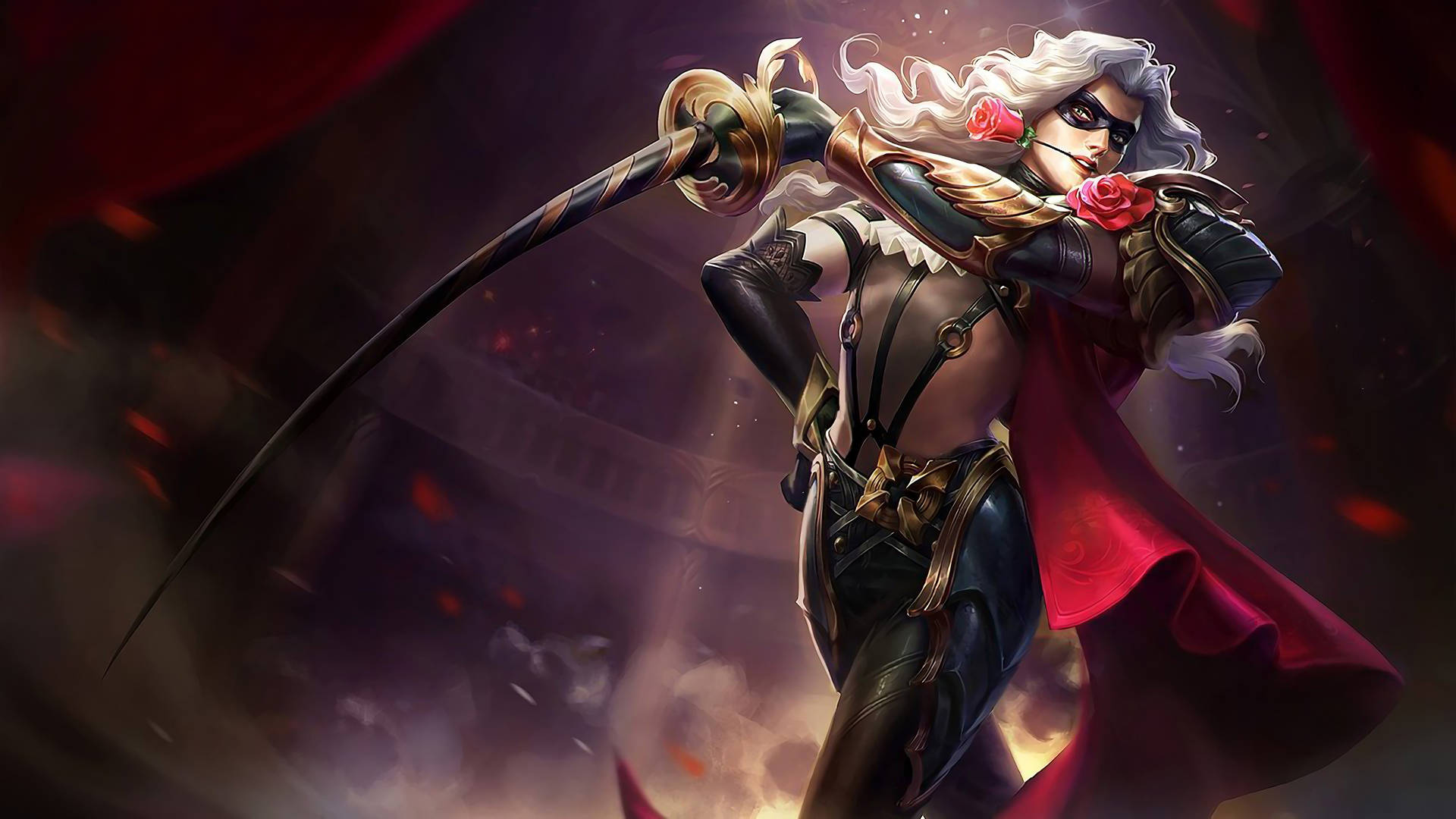 Mobile Legends 動態圖 桌布 壁紙 — 一位兇猛的蒙面戰士，白髮紅披風，在旋轉的煙霧和飄落的玫瑰花瓣中揮舞著彎刀。