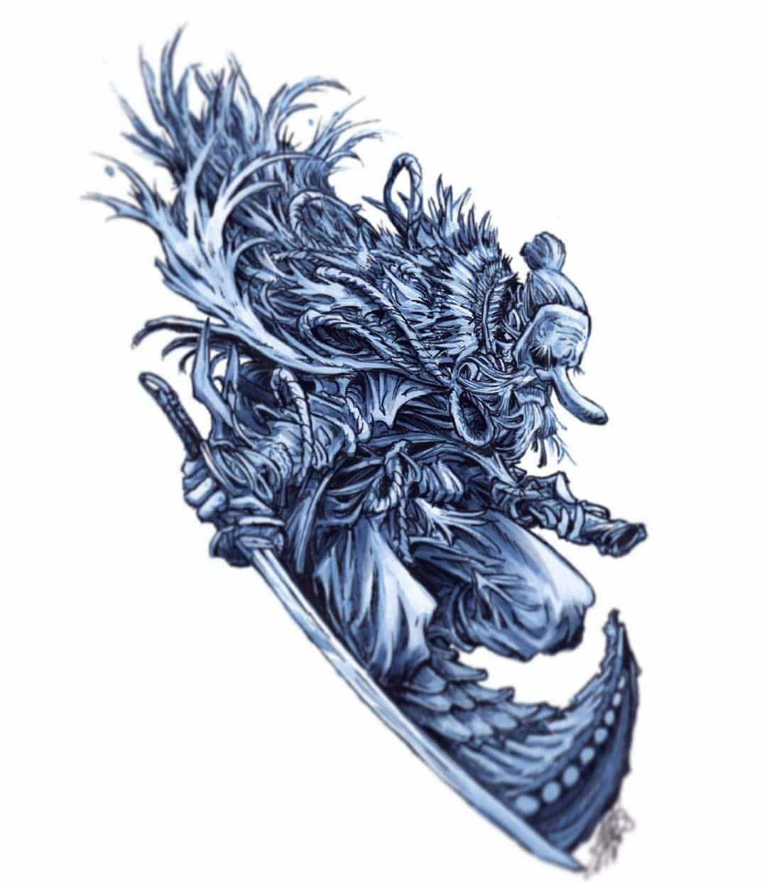 Tengu 桌布 壁紙 — 一位兇猛的藍色調戰士，頭髮狂野，披風飄揚，揮舞長劍，動作充滿動感。