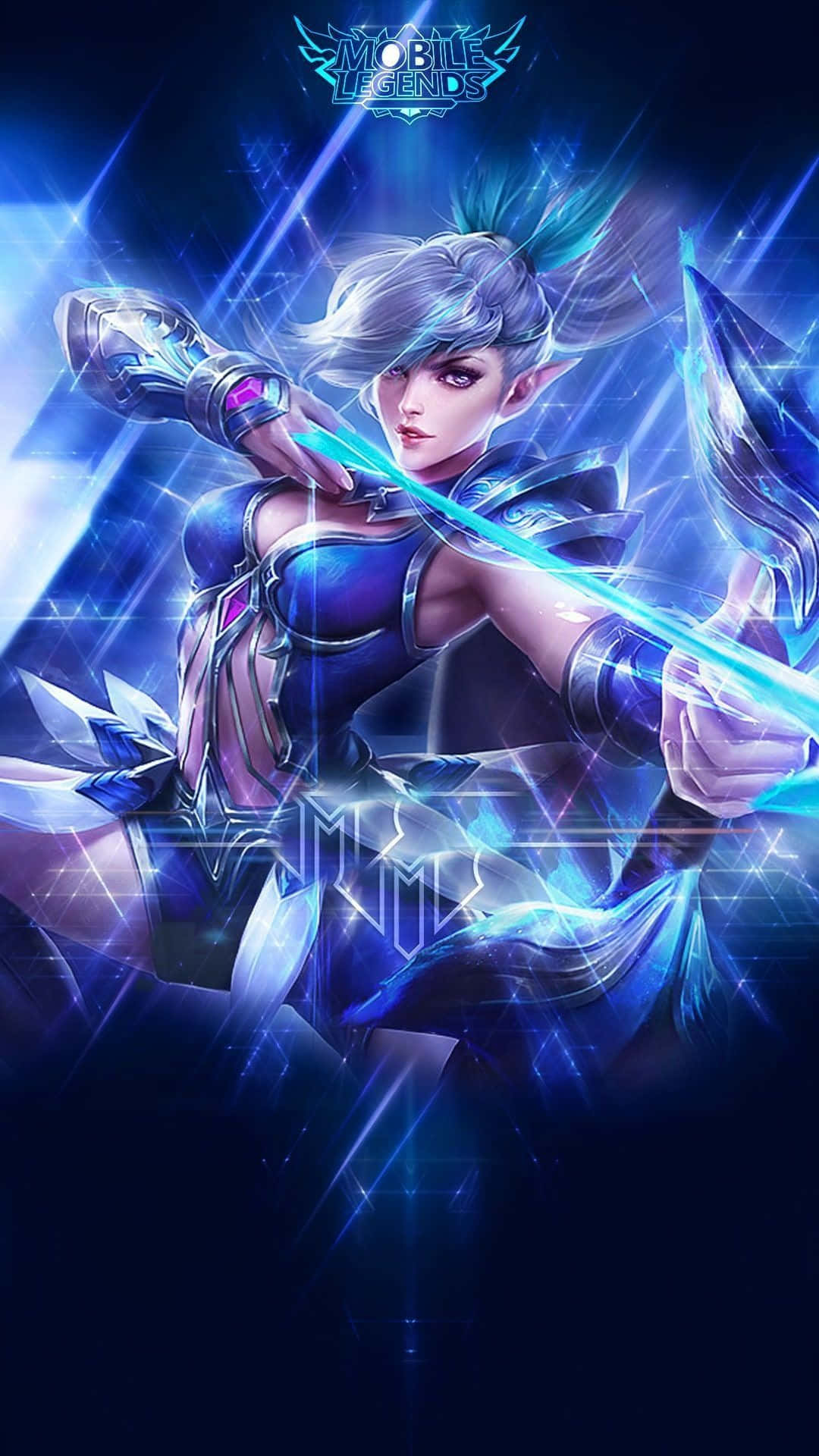 動漫精靈戰士，手持發光藍弓和盔甲，在宇宙戰鬥場景中。 — Mobile Legends 動態圖 壁紙