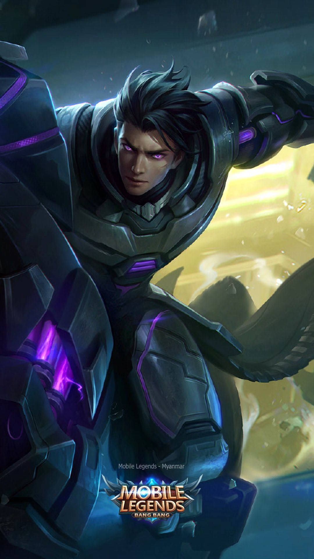 Mobile Legends 動態圖 桌布 壁紙 — 一位兇猛的裝甲戰士，擁有發光的紫色眼睛和能量光環，擺出動態戰鬥姿勢。