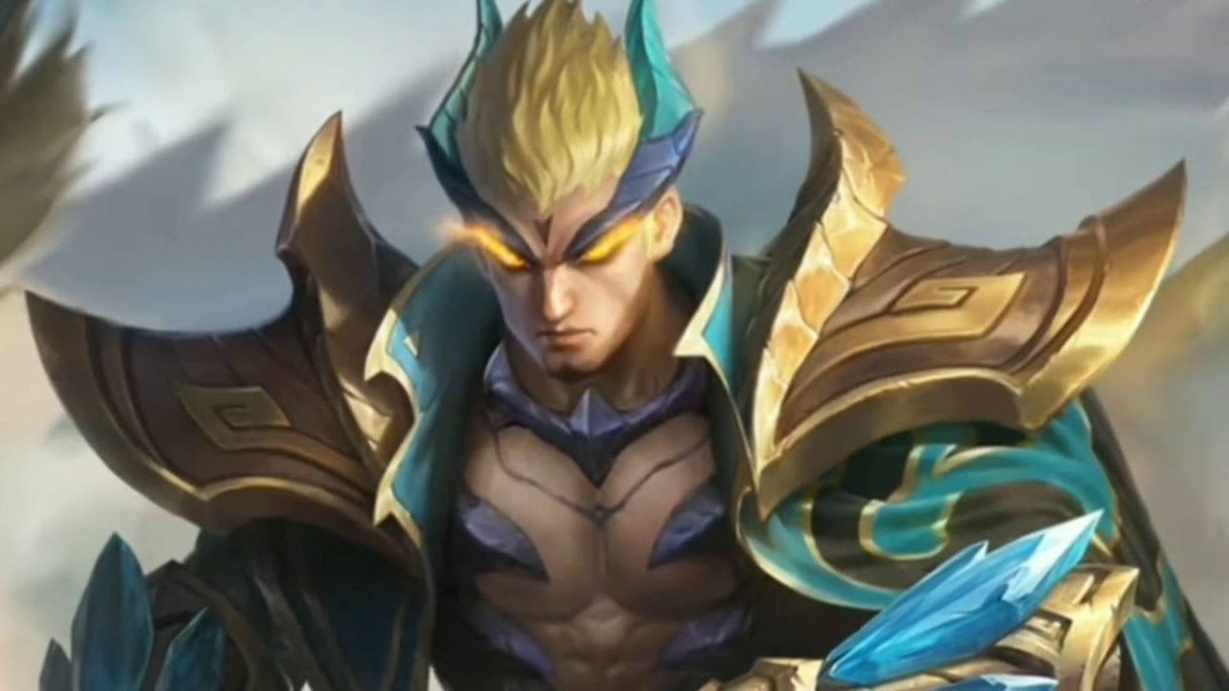 Mobile Legends 動態圖 桌布 壁紙 — 一位兇猛的裝甲戰士，擁有發光的黃色眼睛和尖刺金髮，準備好戰鬥。