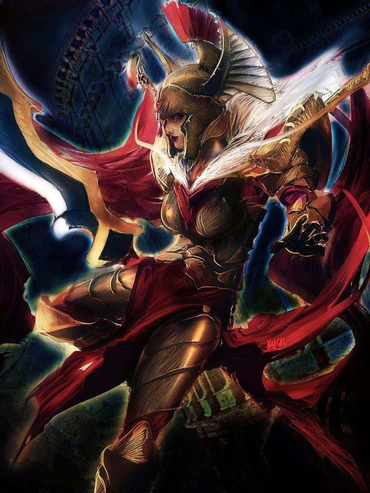 Legion Commander 桌布 壁紙 — 一位兇猛的裝甲戰士，身披紅色斗篷，頭戴角盔，在黑暗的宇宙背景下揮舞著一把發光的劍。