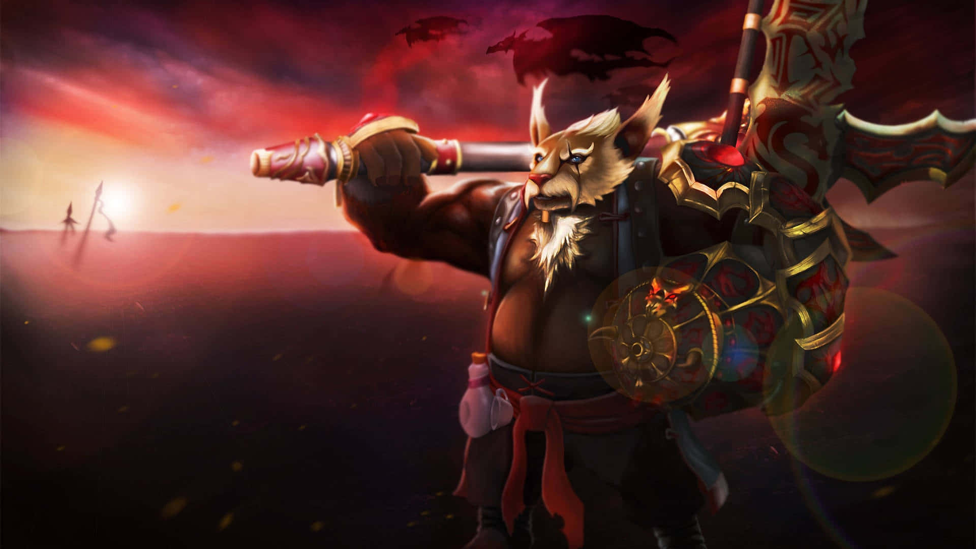 1920x1080 Dota 2 桌布 壁紙 — 一位兇猛的貓戰士身穿華麗盔甲，在火紅的夕陽天空下揮舞著發光的劍，陰影中的巨龍在頭頂盤旋。