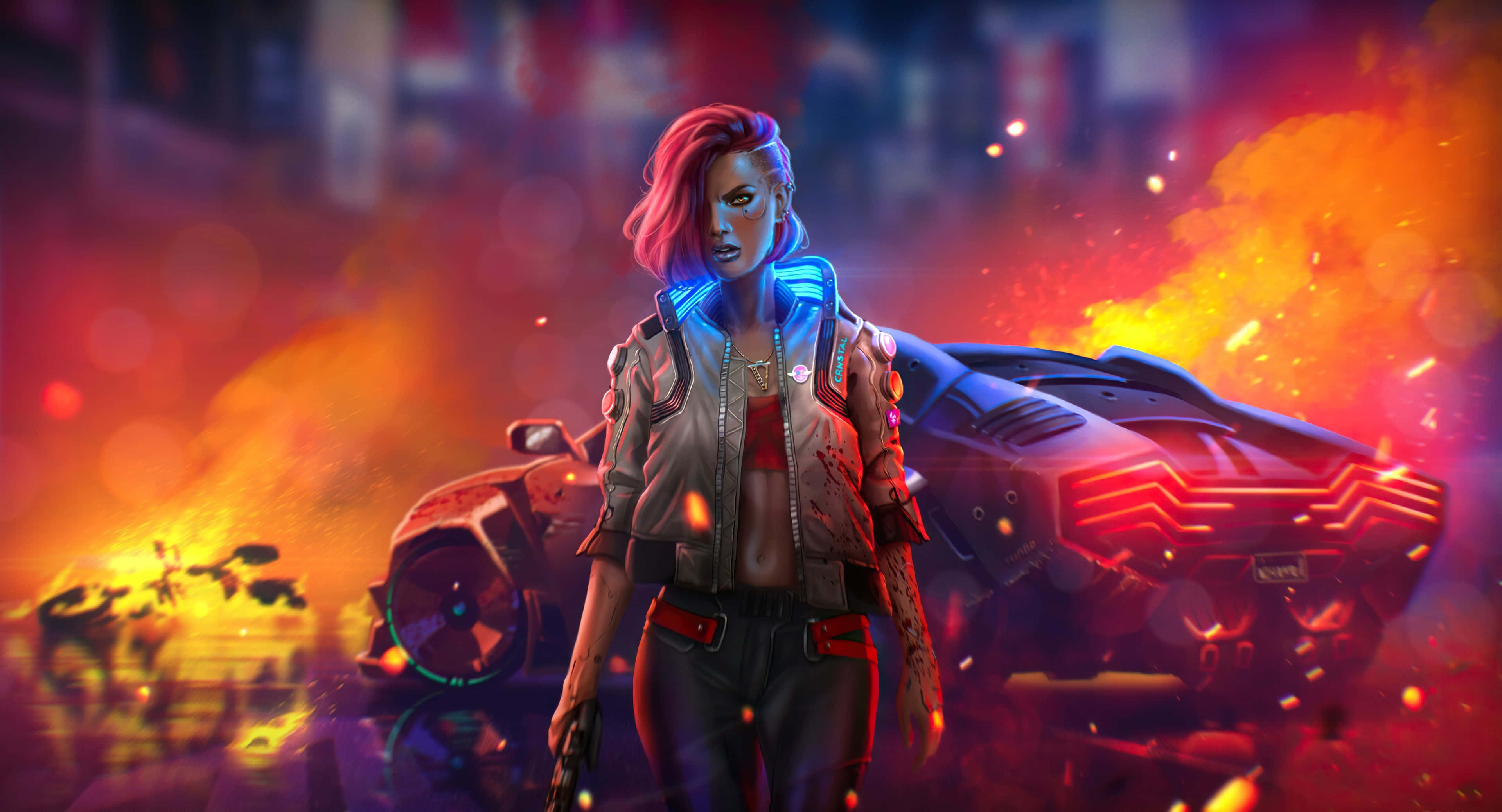 character design 桌布 壁紙 — 一位兇猛的賽博龐克粉紅髮女性站在一輛發光的未來汽車旁，周圍是熾熱的爆炸和霓虹燈。