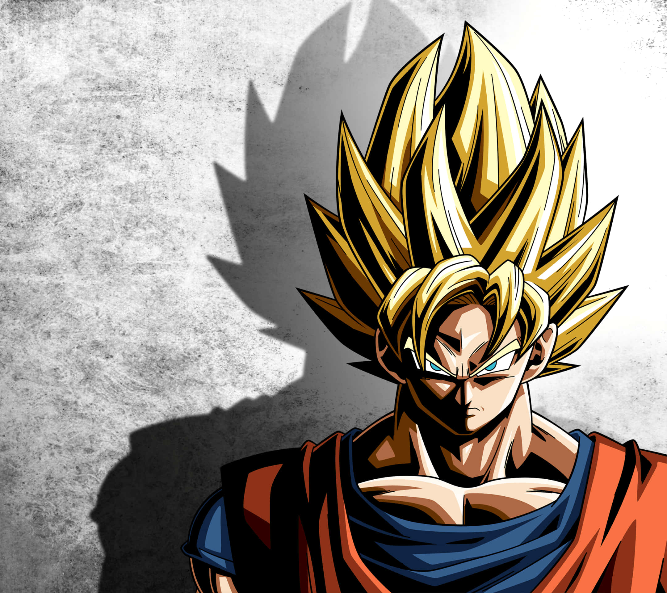 Dbz 桌布 壁紙 — 一位兇猛的金髮動漫戰士，身穿橙色和藍色道服，在紋理灰色牆壁上投下銳利的陰影。