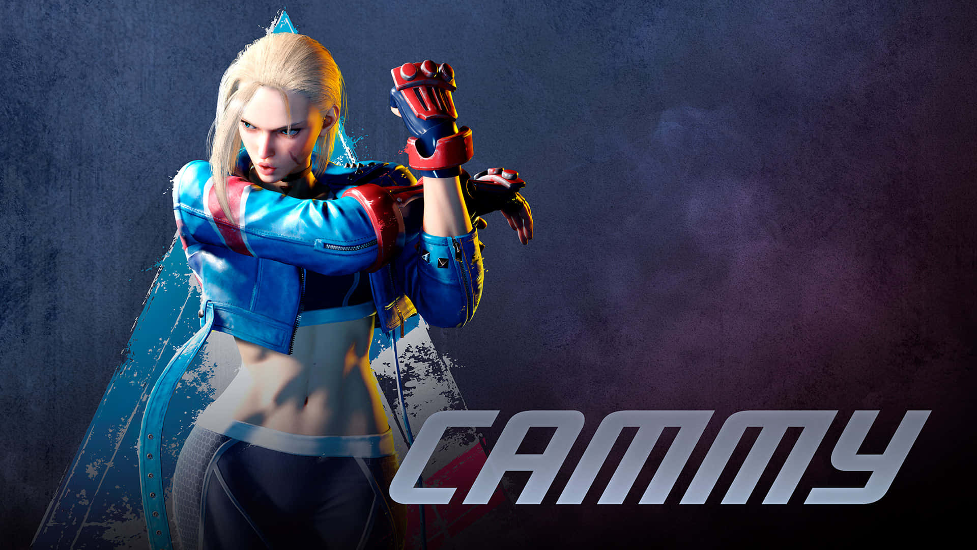 Street Fighter Characters 桌布 壁紙 — 一位兇猛的金髮戰士穿著藍色和紅色的裝備，在深色紋理背景前擺出戰鬥姿勢，並顯示她的名字。