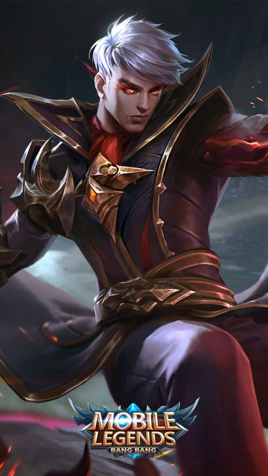 mobile legends logo 桌布 壁紙 — 一位兇猛的銀髮戰士，身穿華麗的暗色盔甲，擁有發光的紅色眼睛和火焰般的點綴，在陰暗的背景前動態地擺出姿勢。