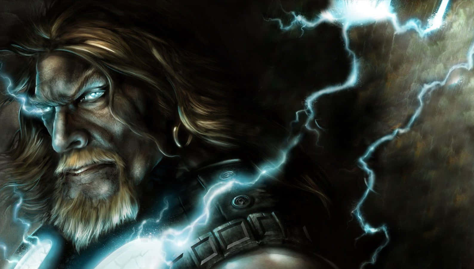 God Of Thunder 桌布 壁紙 — 一位兇猛的鬍鬚戰士，眼睛發光，閃電在他頭部和盔甲周圍劈啪作響。