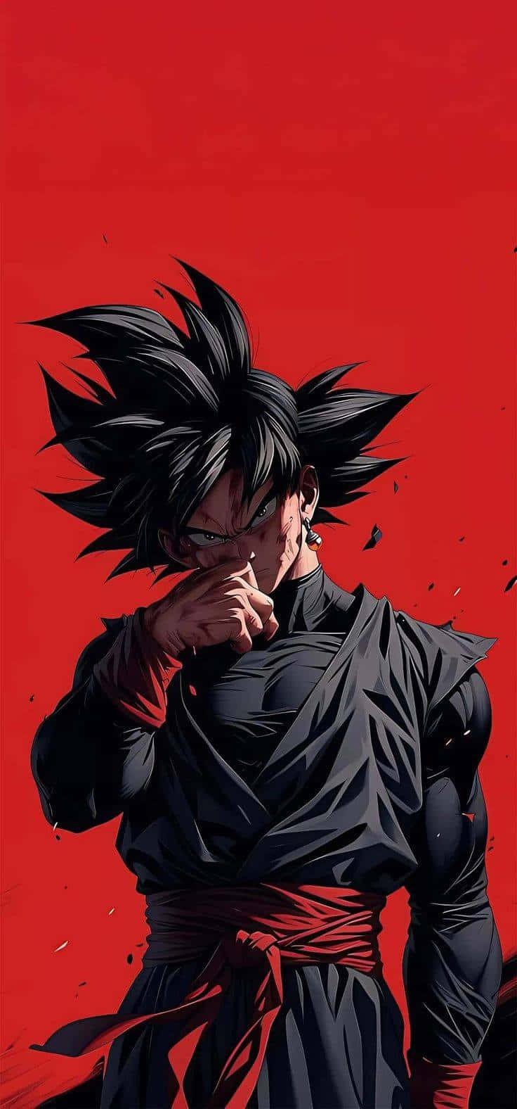 dragon ball 壁紙 — 一位兇猛的黑髮動漫戰士穿著深色道服，在鮮紅背景中握緊拳頭，周圍有飛揚的碎片。