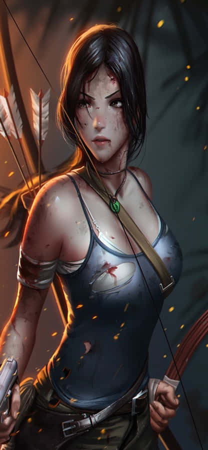 Lara Croft 桌布 壁紙 — 一位兇猛的黑髮女性冒險家，滿臉鮮血，在叢林中手持弓箭，周圍有溫暖發光的餘燼。